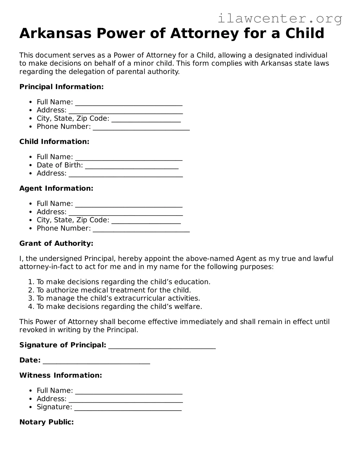 Attorney-Verified  Power of Attorney for a Child Document for Arkansas