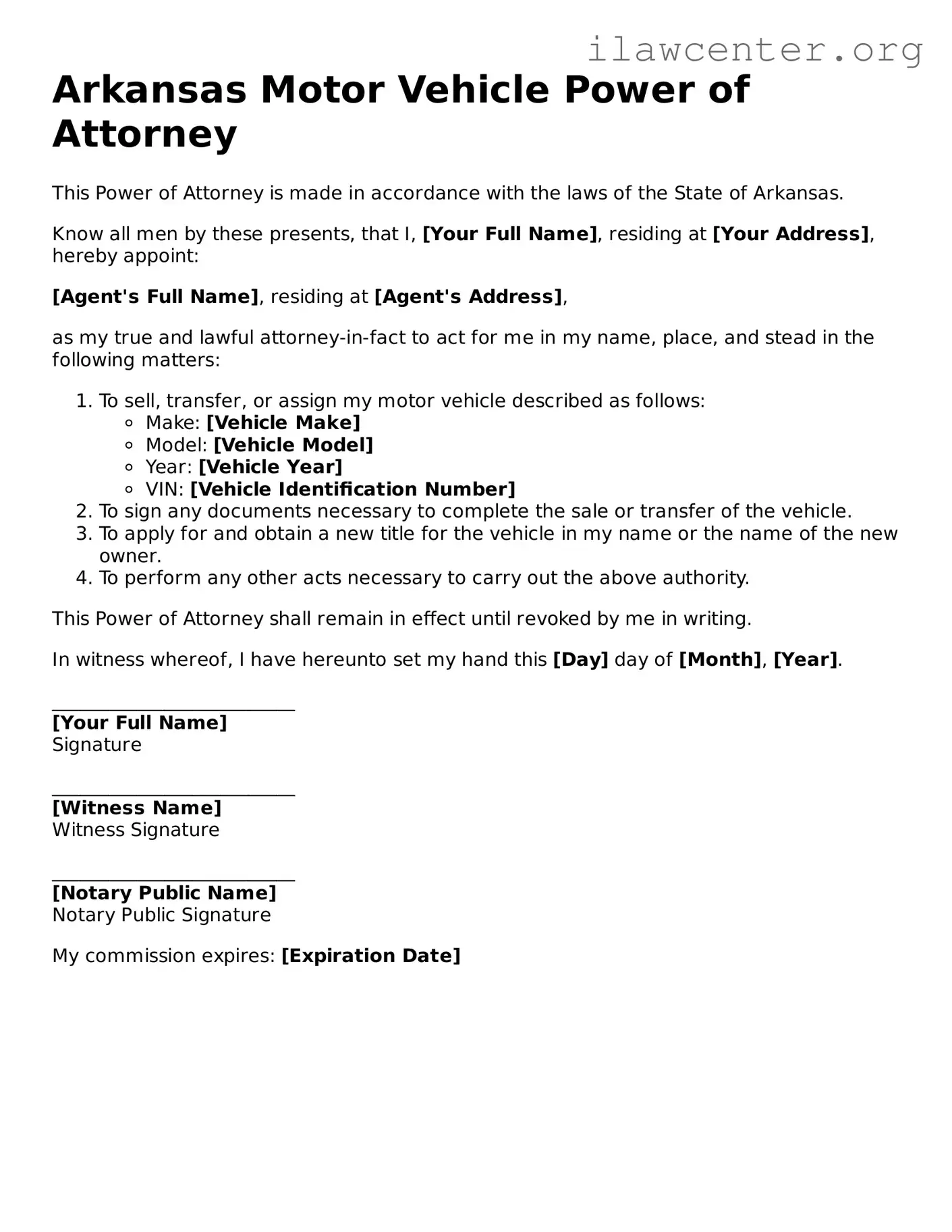 Attorney-Verified  Motor Vehicle Power of Attorney Document for Arkansas