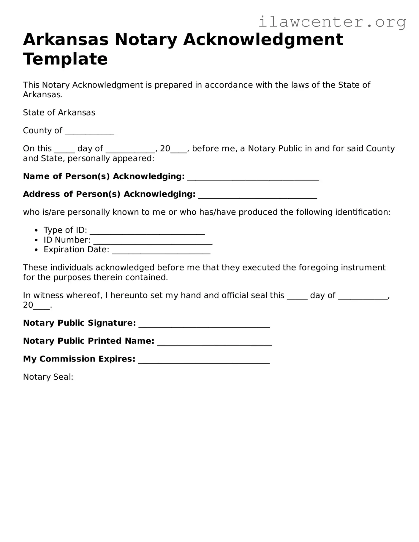 Attorney-Verified  Notary Acknowledgement Document for Arkansas