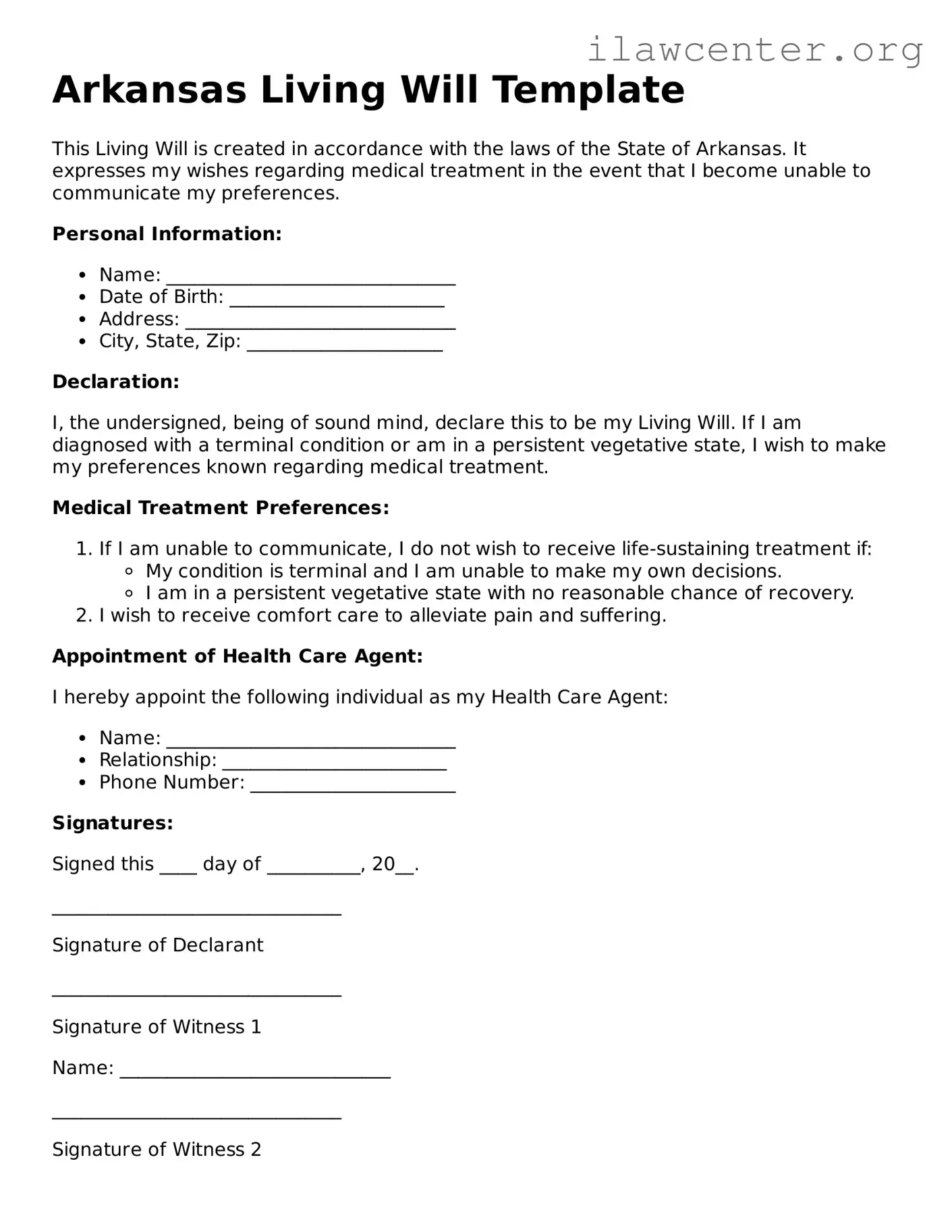 Attorney-Verified  Living Will Document for Arkansas