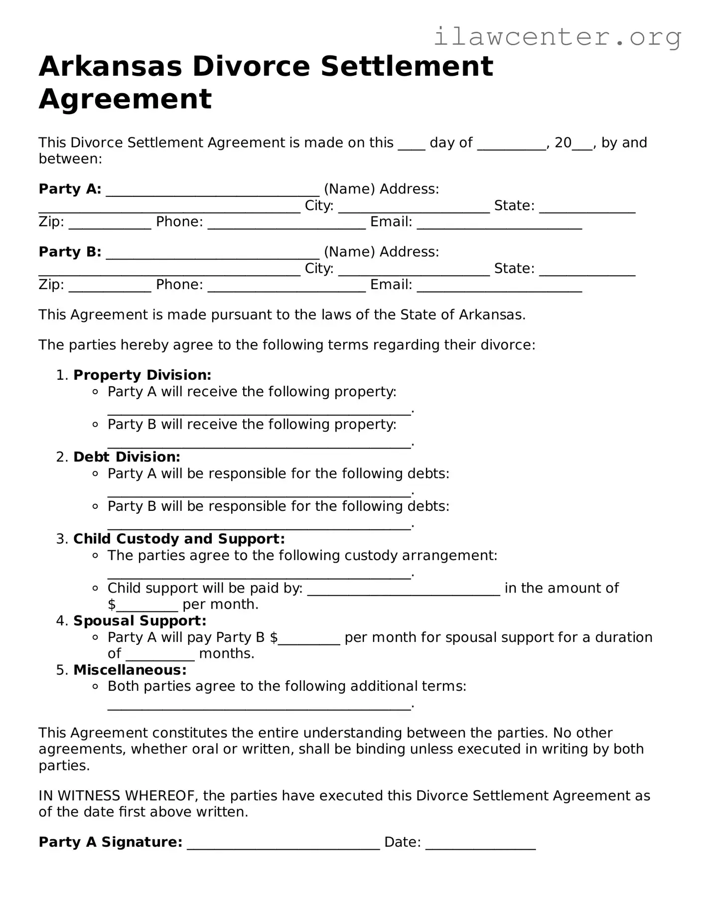 Attorney-Verified  Divorce Settlement Agreement Document for Arkansas