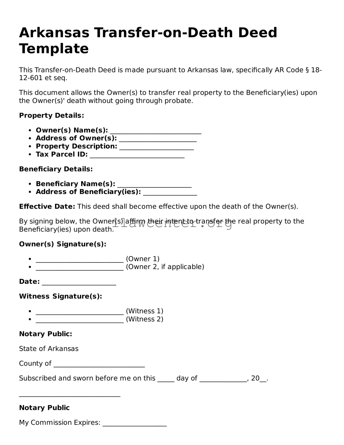 Attorney-Verified  Transfer-on-Death Deed Document for Arkansas
