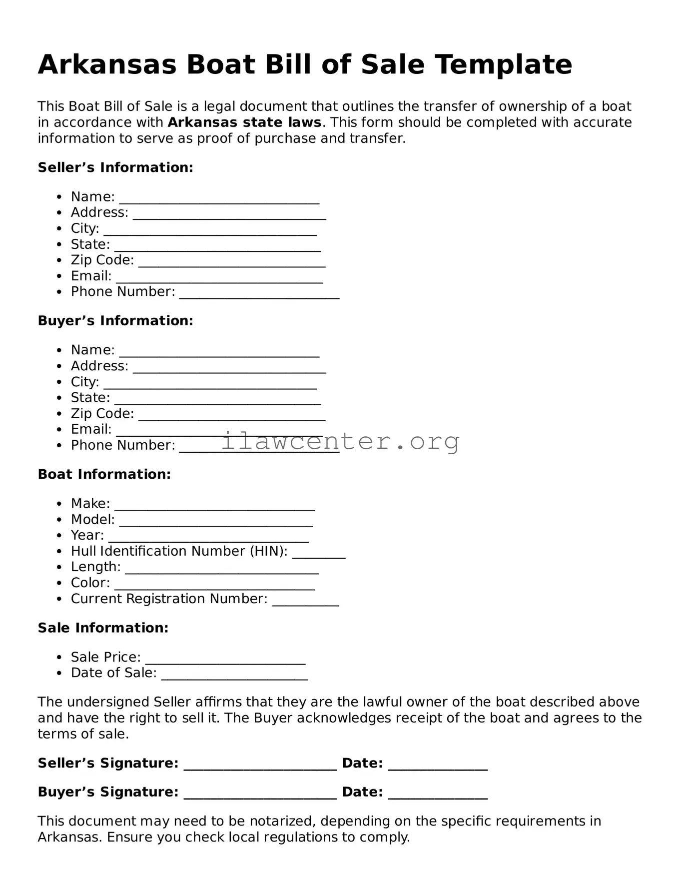 Attorney-Verified  Boat Bill of Sale Document for Arkansas