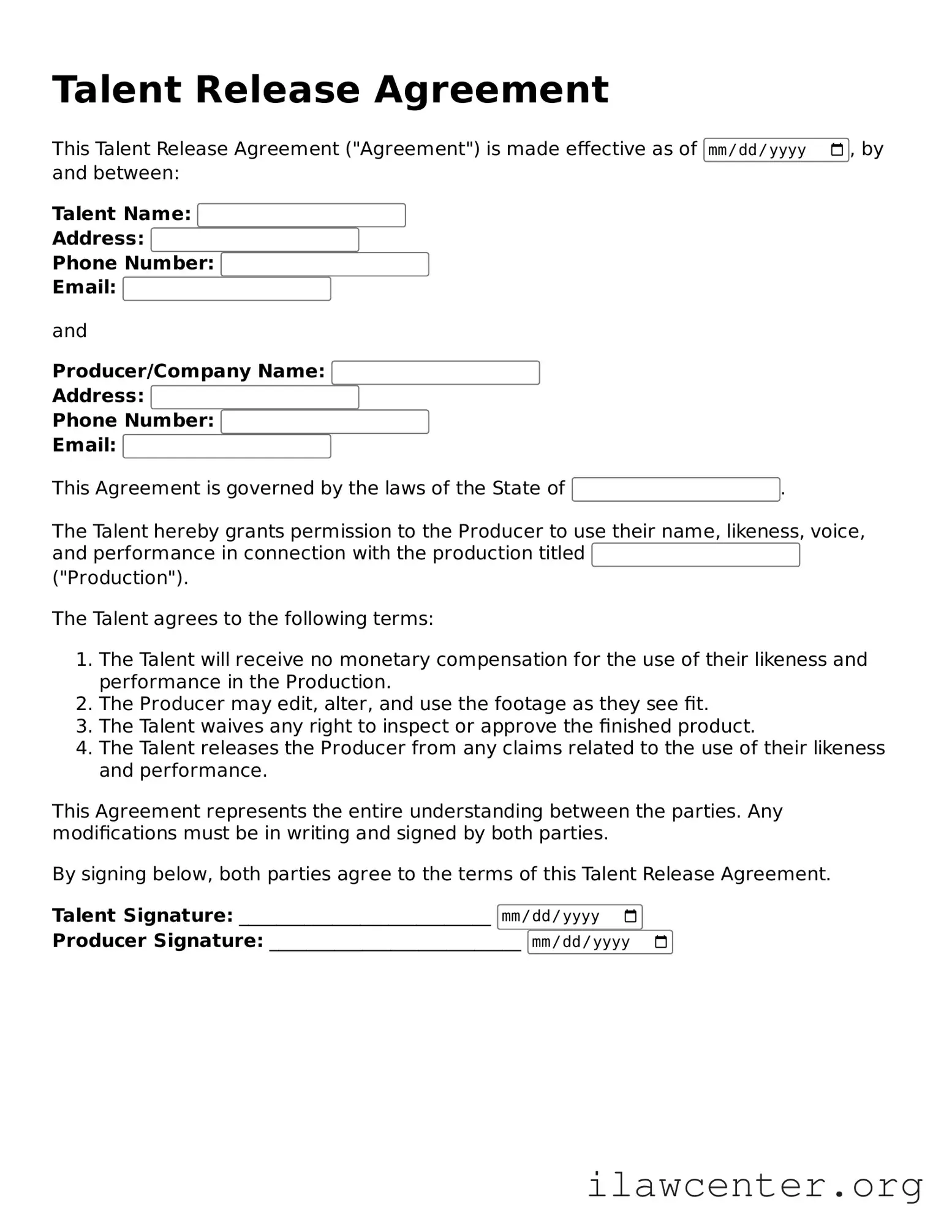 Fillable Talent Release Document