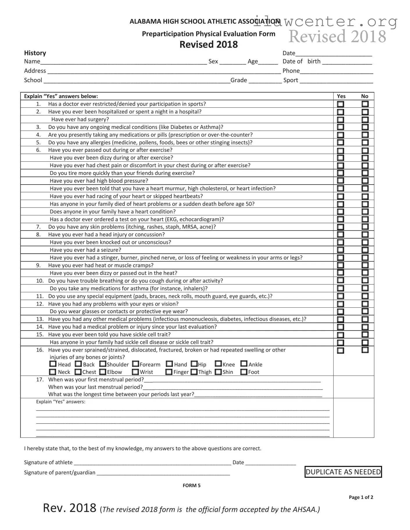 Alabama High School Physical PDF Template