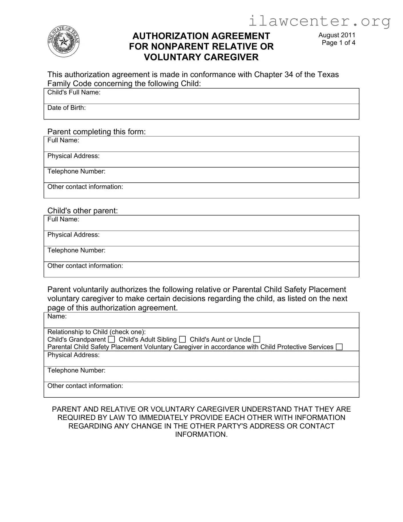 Agreement Nonparent Relative Caregiver PDF Template