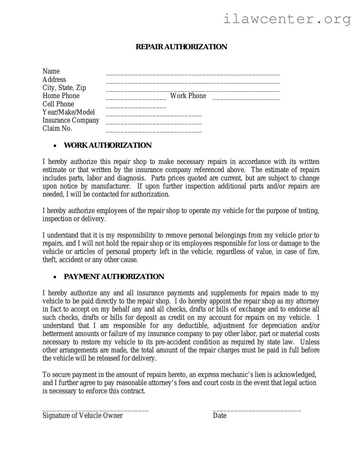 Authorization Repair PDF Template