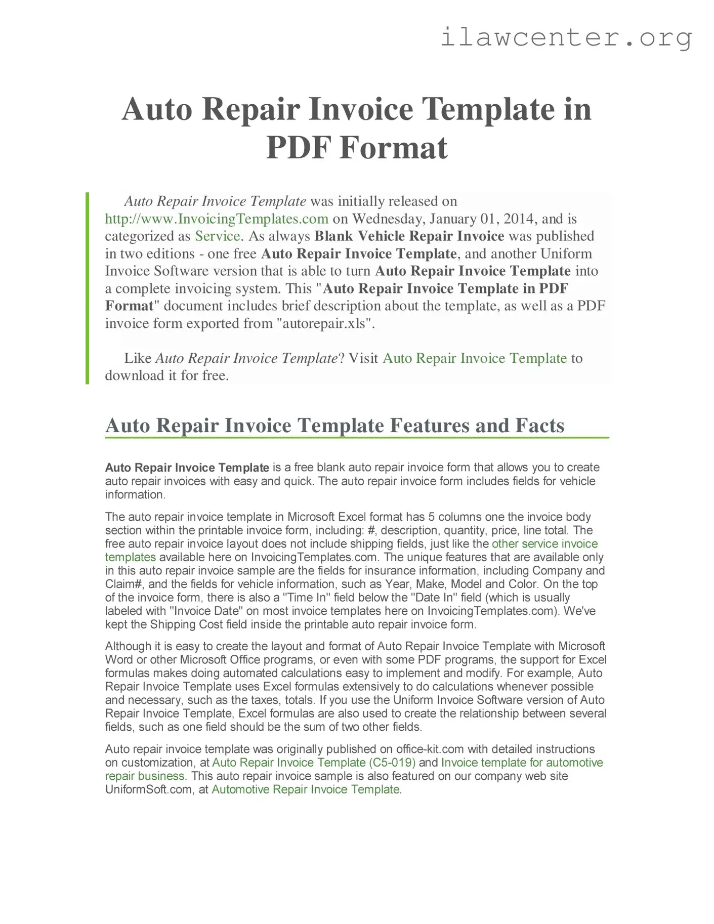 Auto Repair Invoice PDF Template