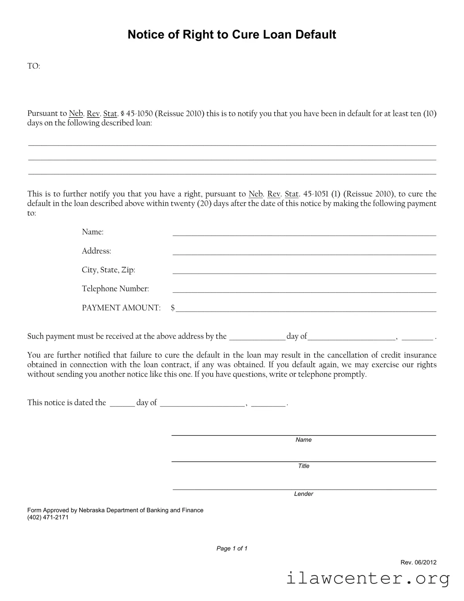 Notice Of Right To Cure Auto Loan Letter PDF Template