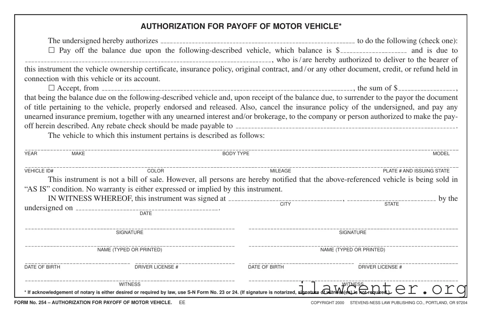 Vehicle Payoff Authorization PDF Template