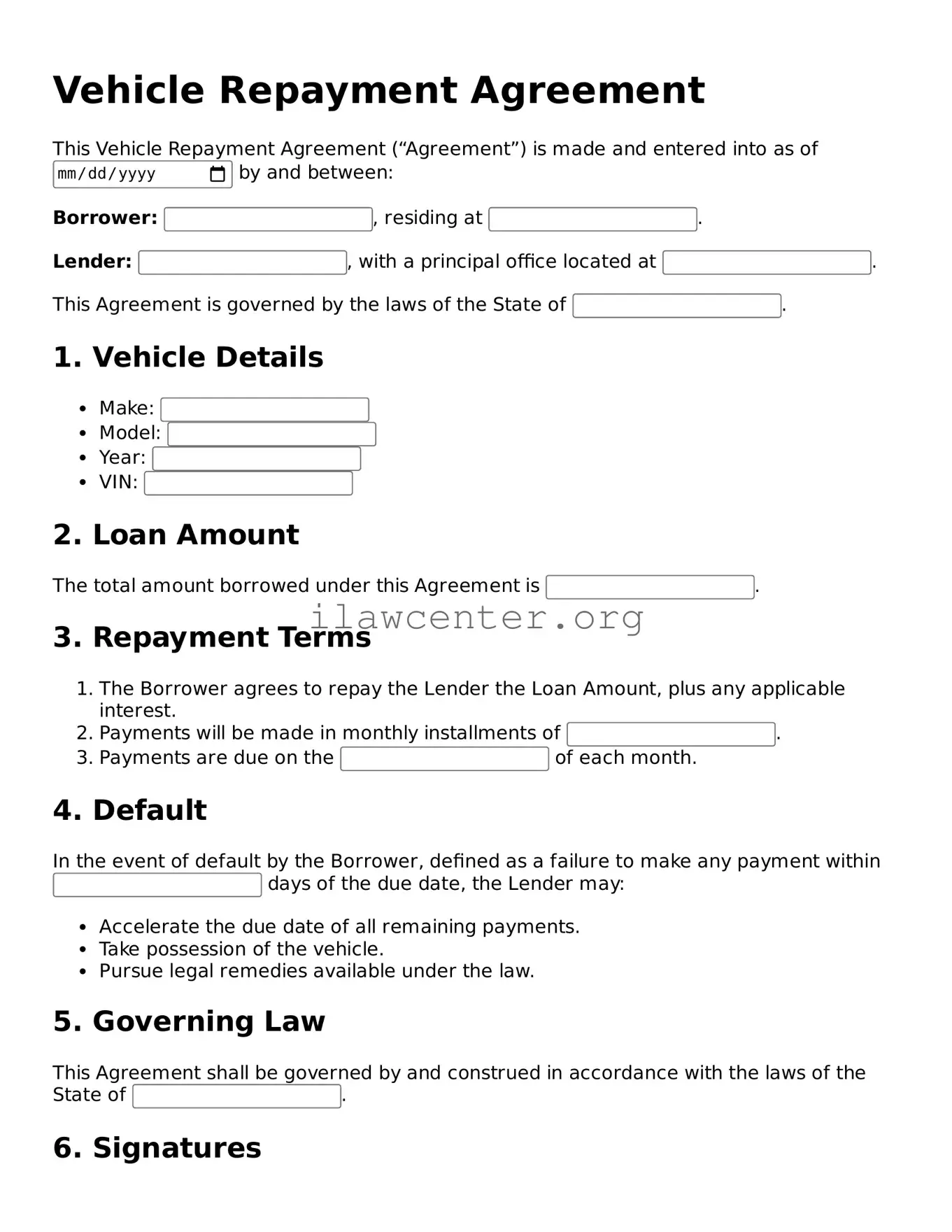 Fillable Vehicle Repayment Agreement Document