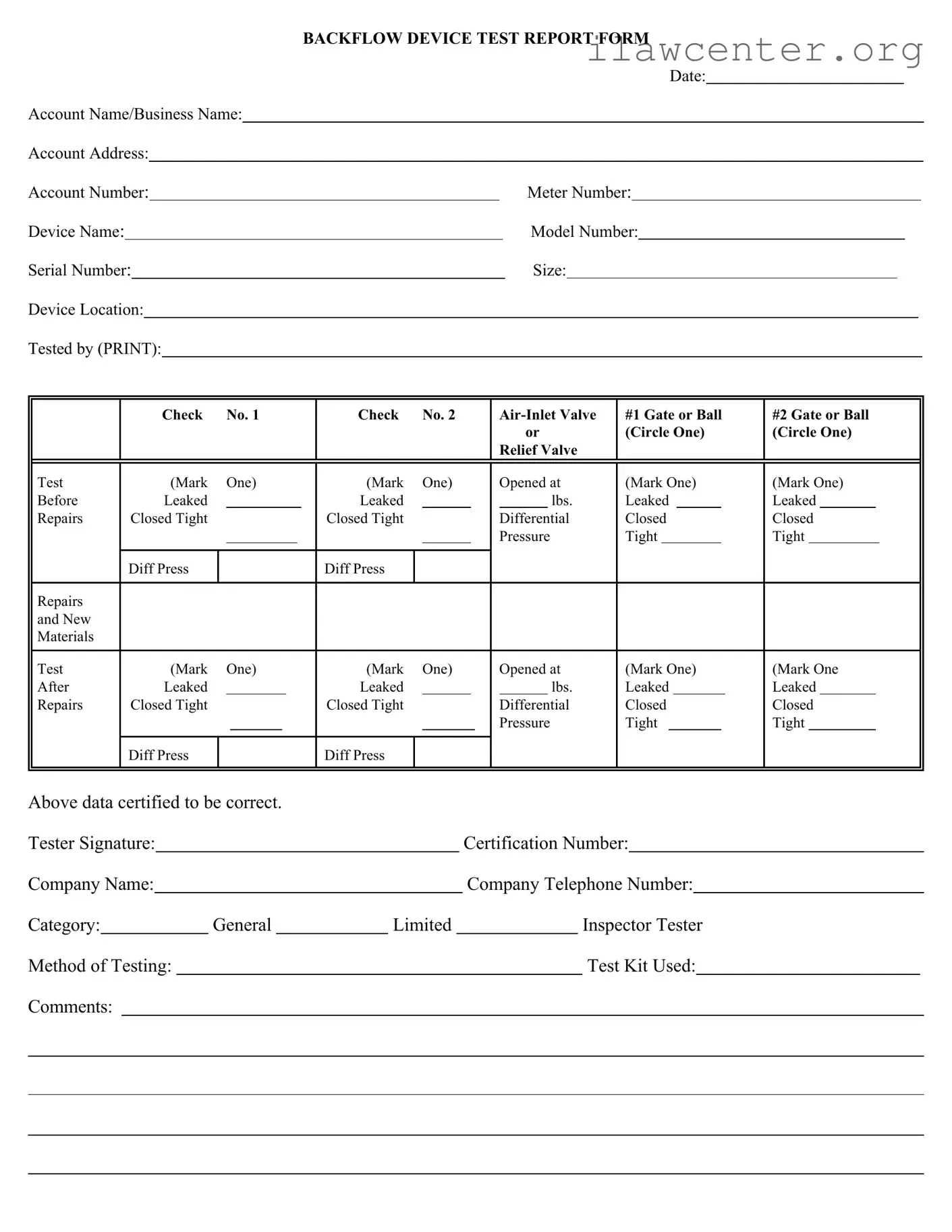 Backflow Test Report PDF Template
