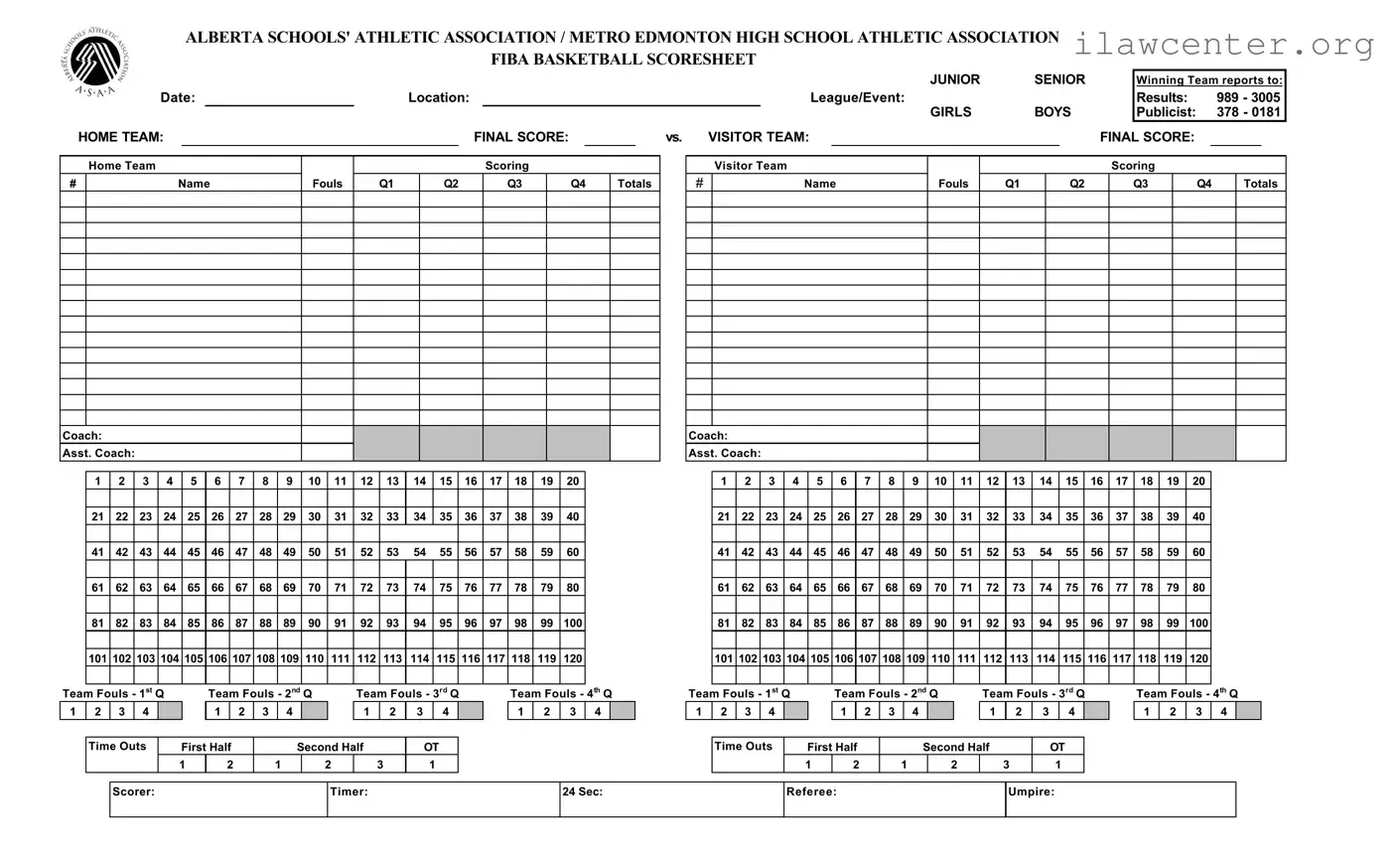Basketball Scoresheet PDF Template