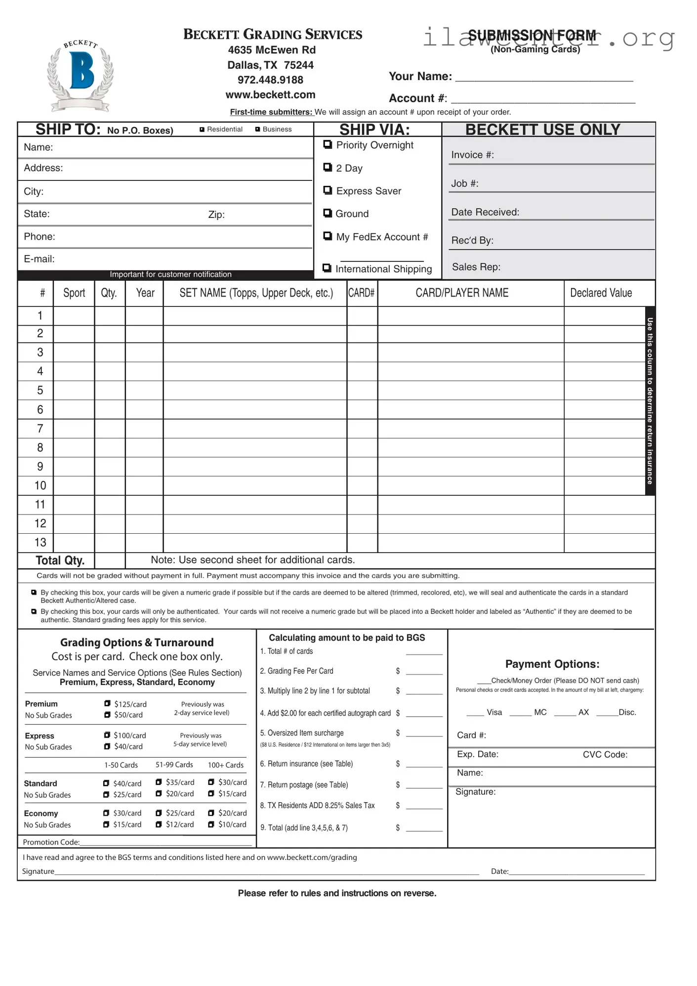 Beckett Grading PDF Template