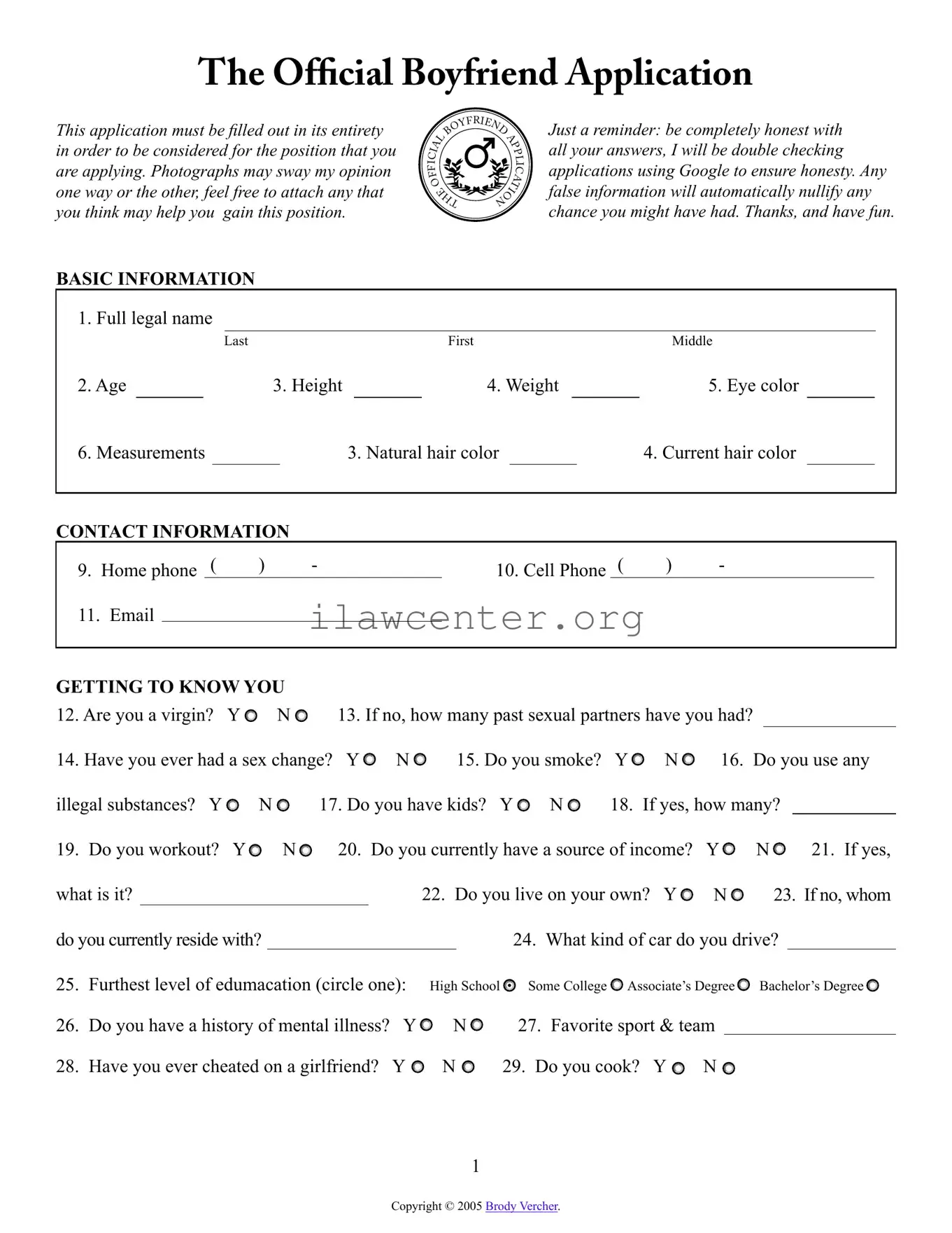 Boyfriend application form PDF Template