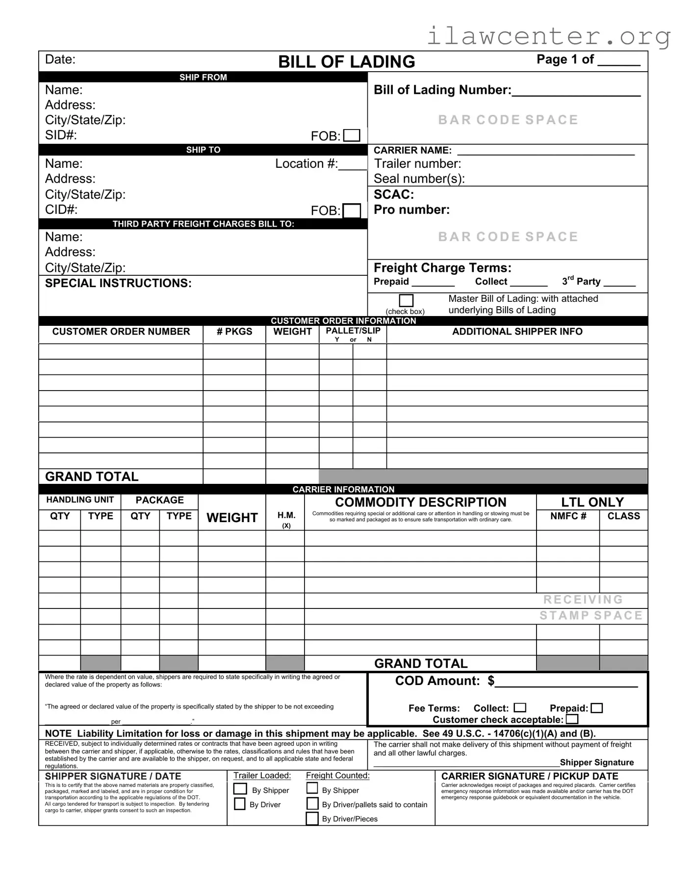 Bill of Lading with a Supplement PDF Template