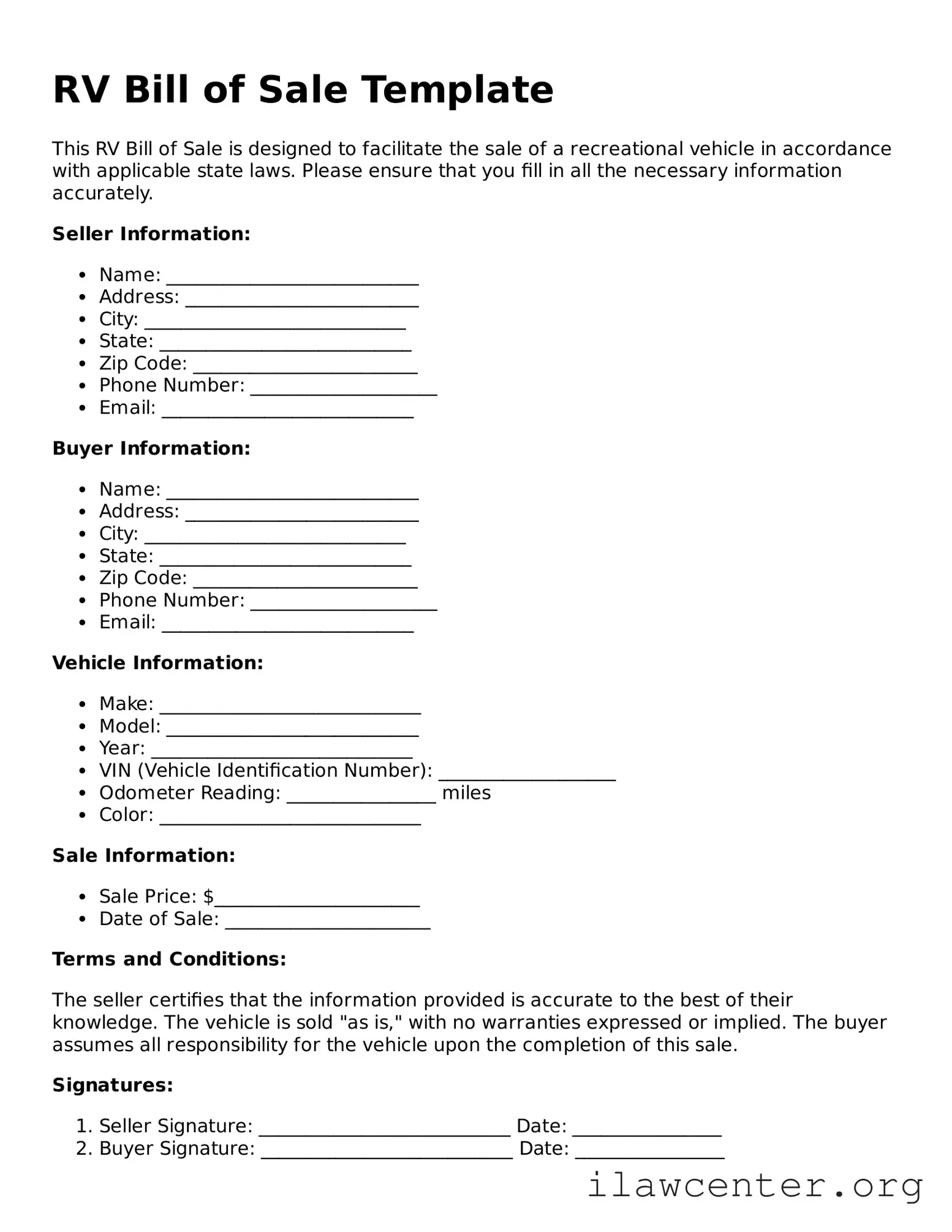 Fillable RV Bill of Sale Document