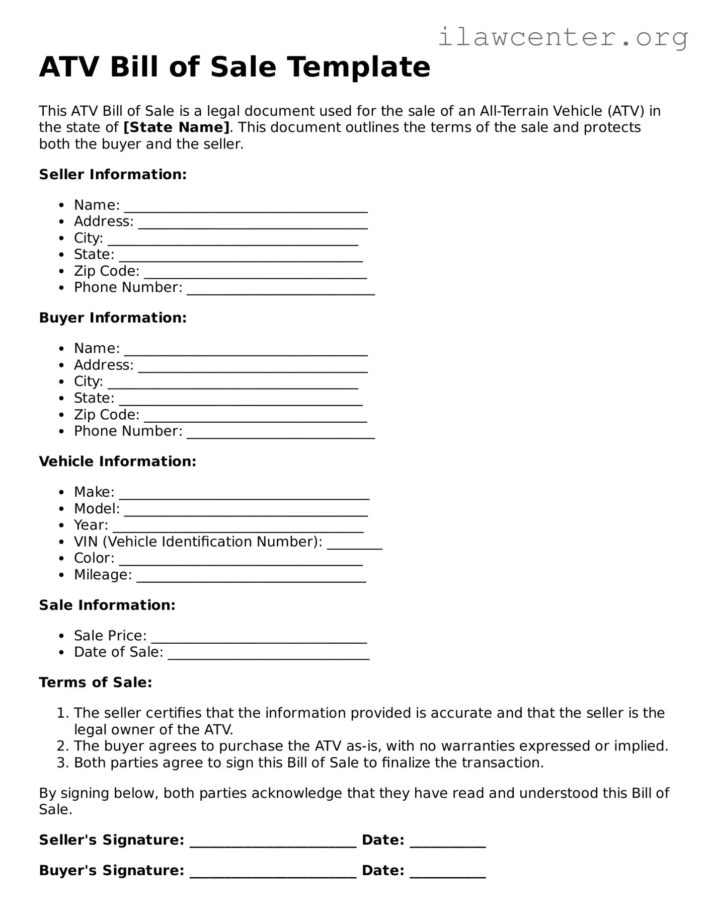 Fillable ATV Bill of Sale Document