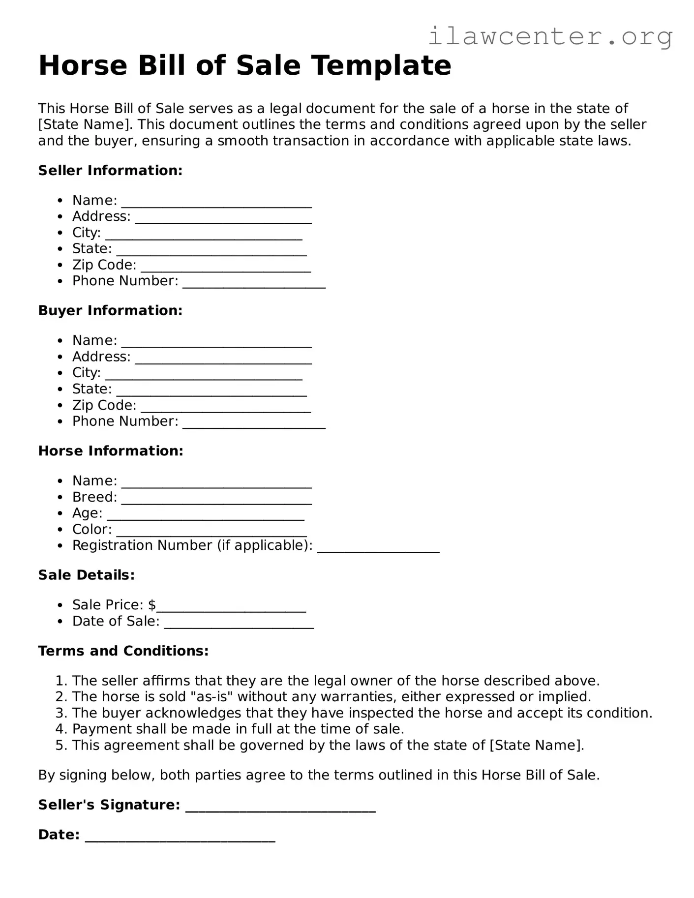 Fillable Horse Bill of Sale Document