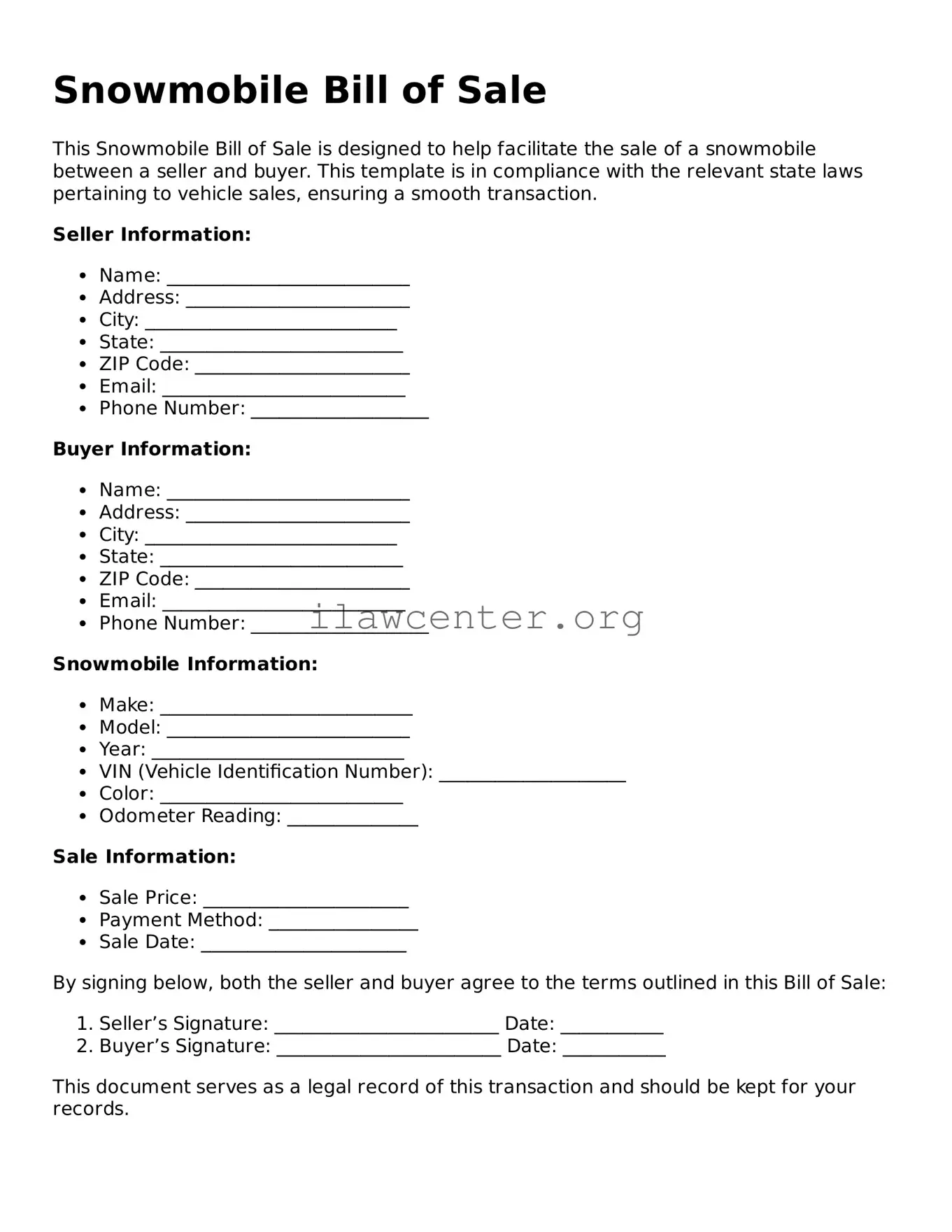 Fillable Snowmobile Bill of Sale Document