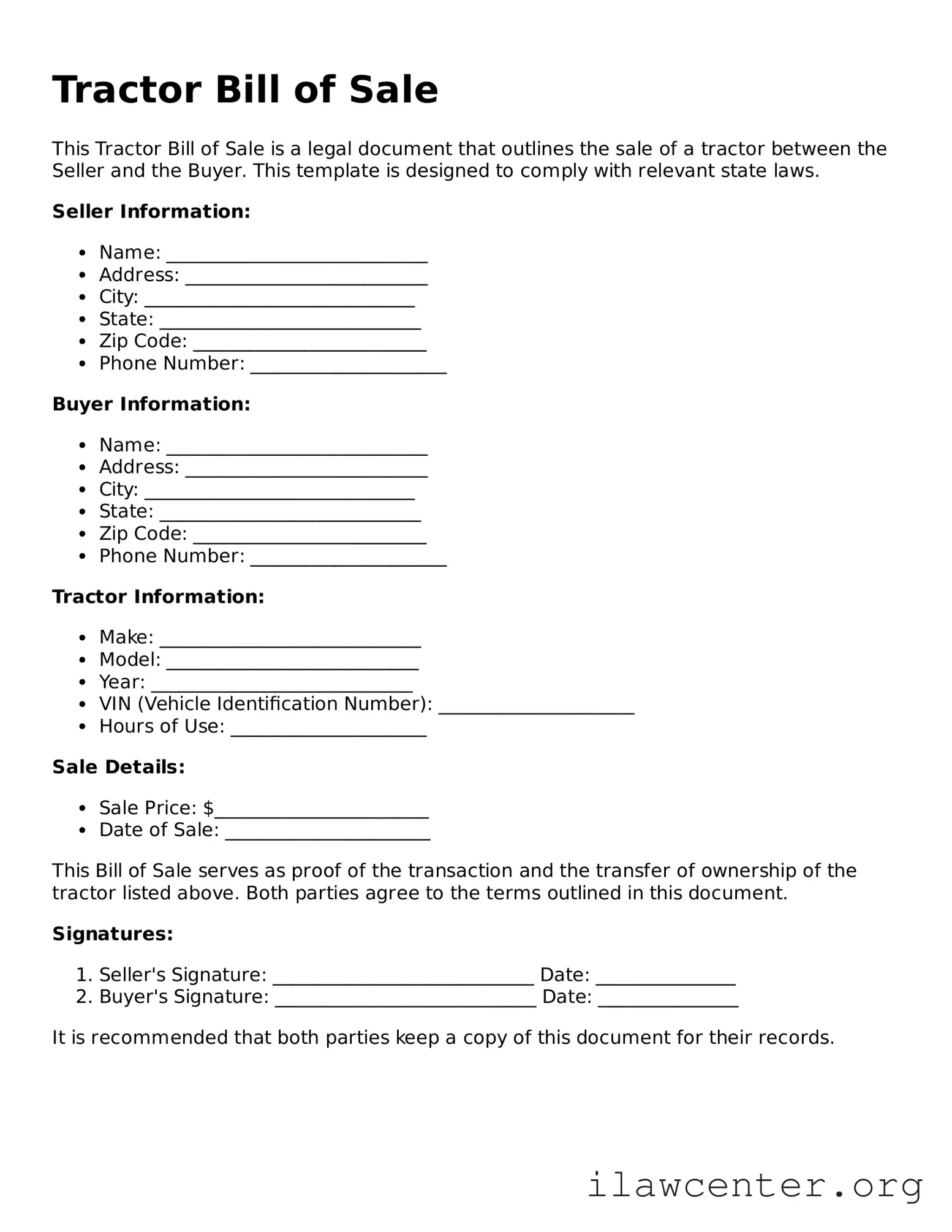 Fillable Tractor Bill of Sale Document