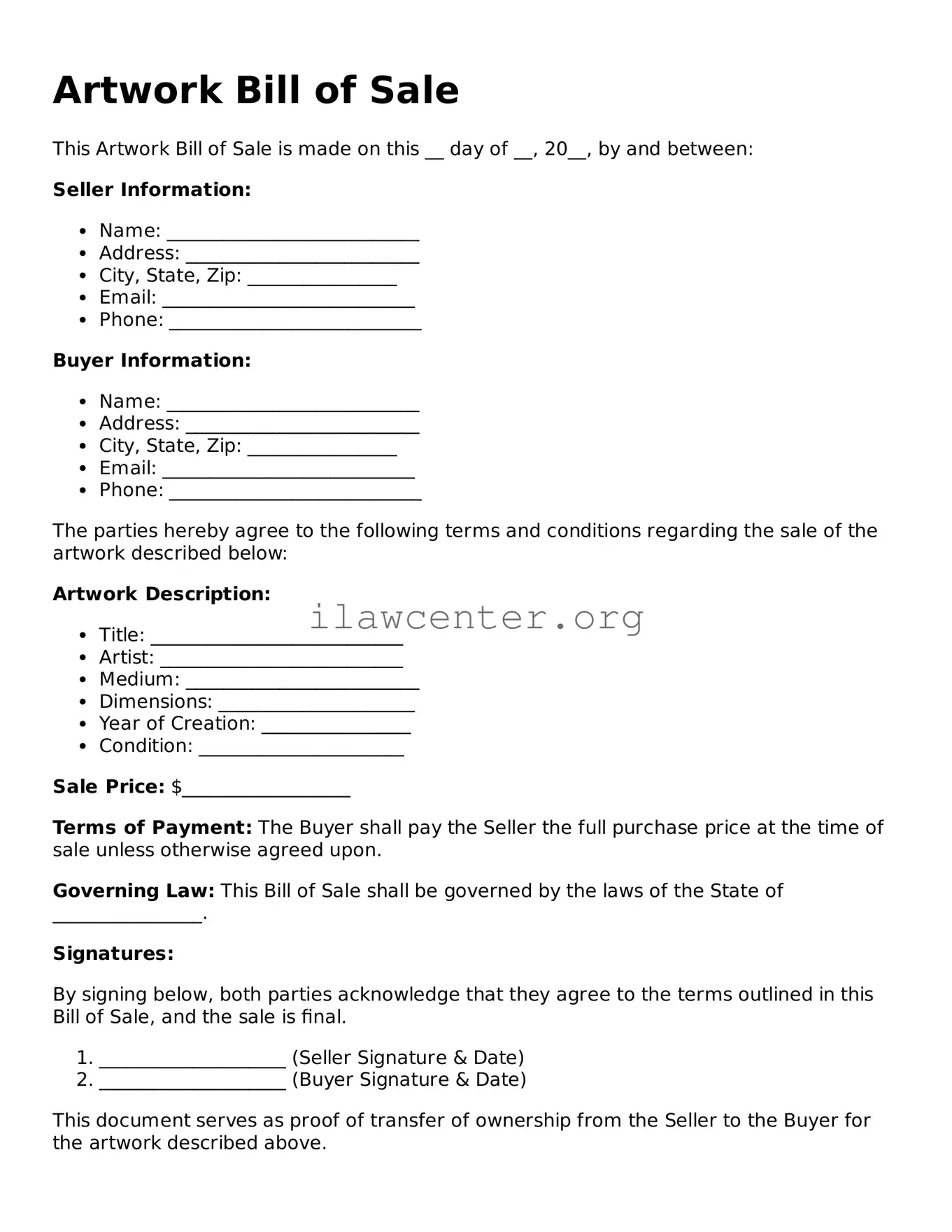 Fillable Artwork Bill of Sale Document