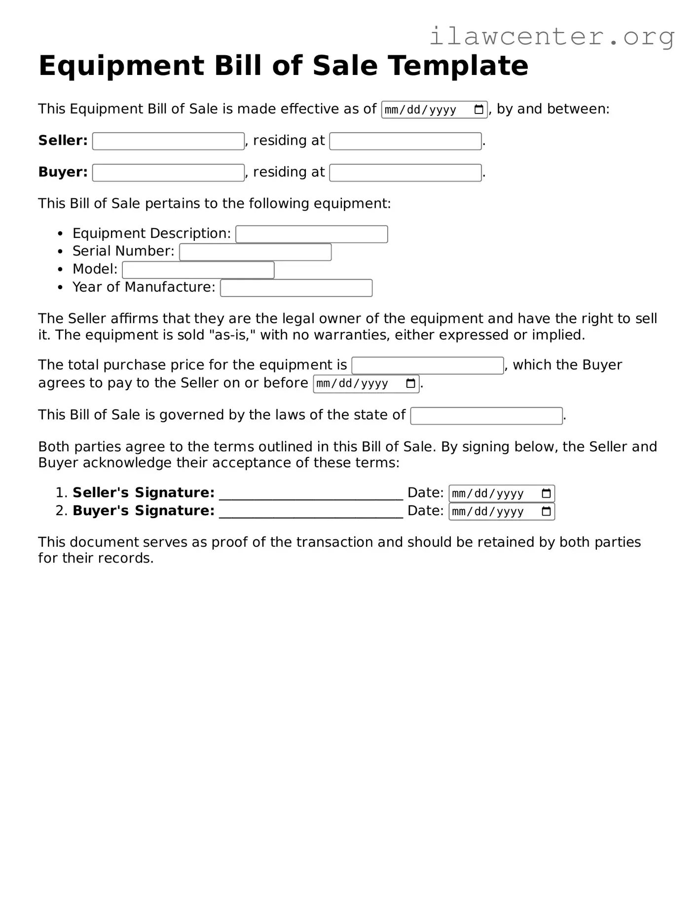 Fillable Equipment Bill of Sale Document