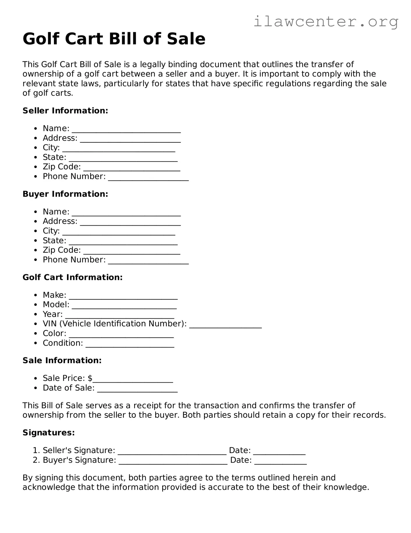 Fillable Golf Cart Bill of Sale Document