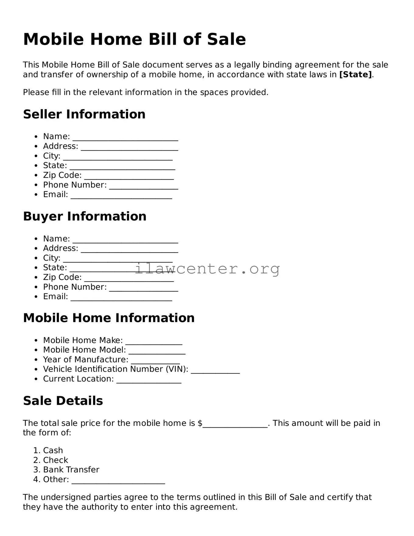 Fillable Mobile Home Bill of Sale Document