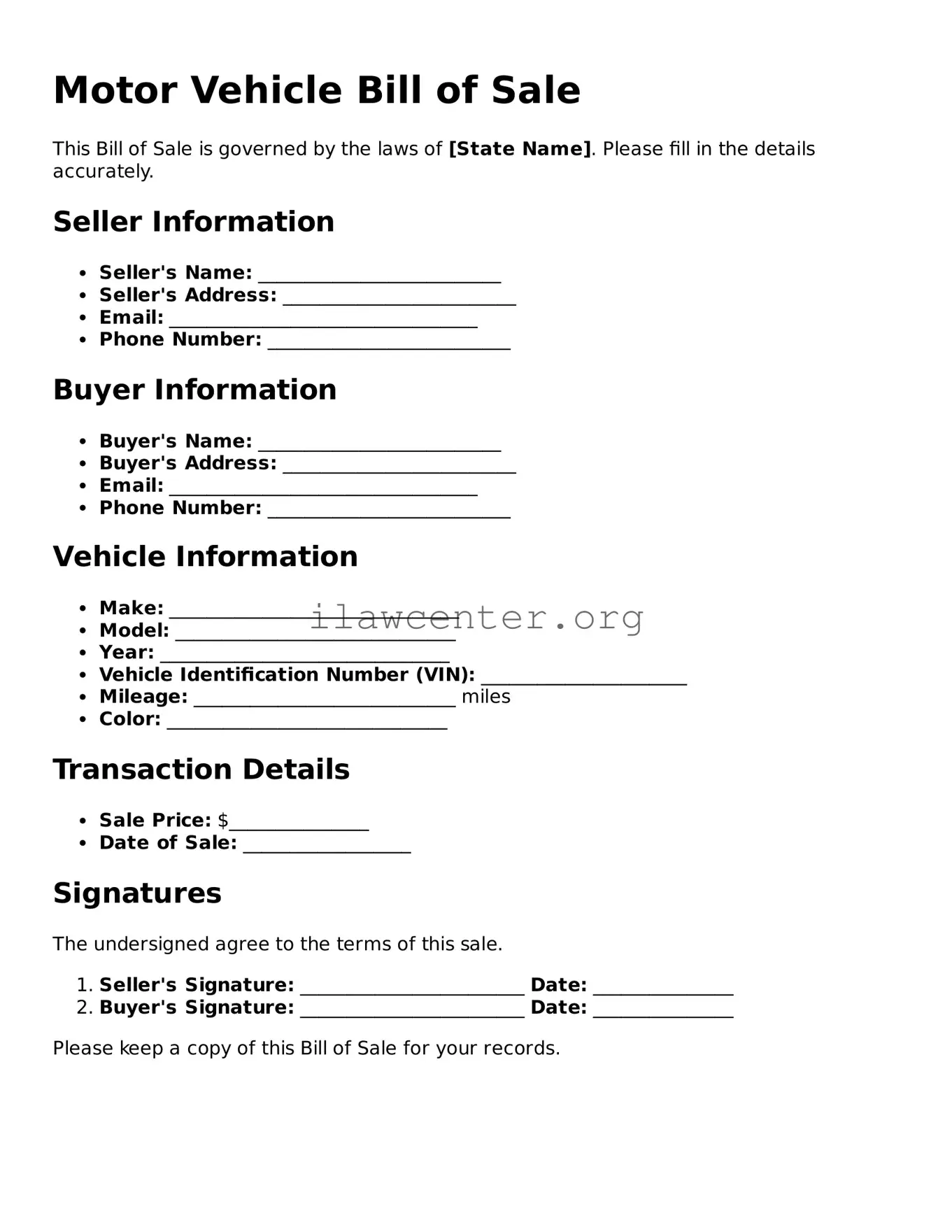 Fillable Motor Vehicle Bill of Sale Document