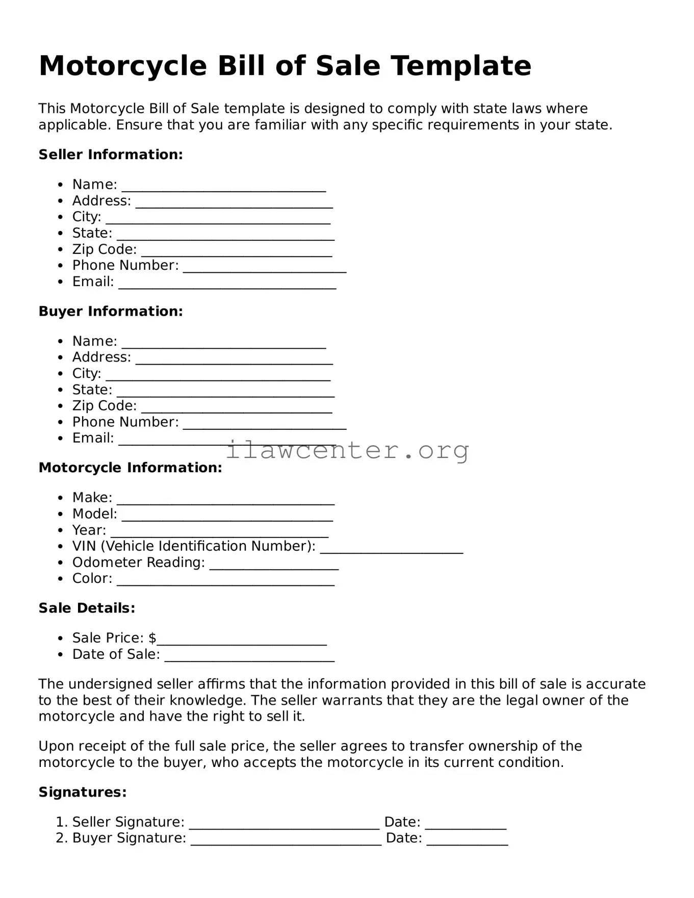 Fillable Motorcycle Bill of Sale Document