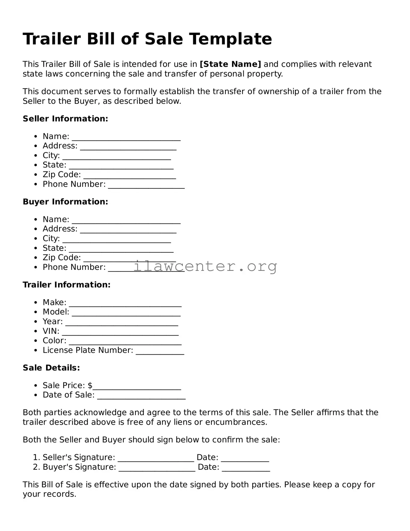 Fillable Trailer Bill of Sale Document