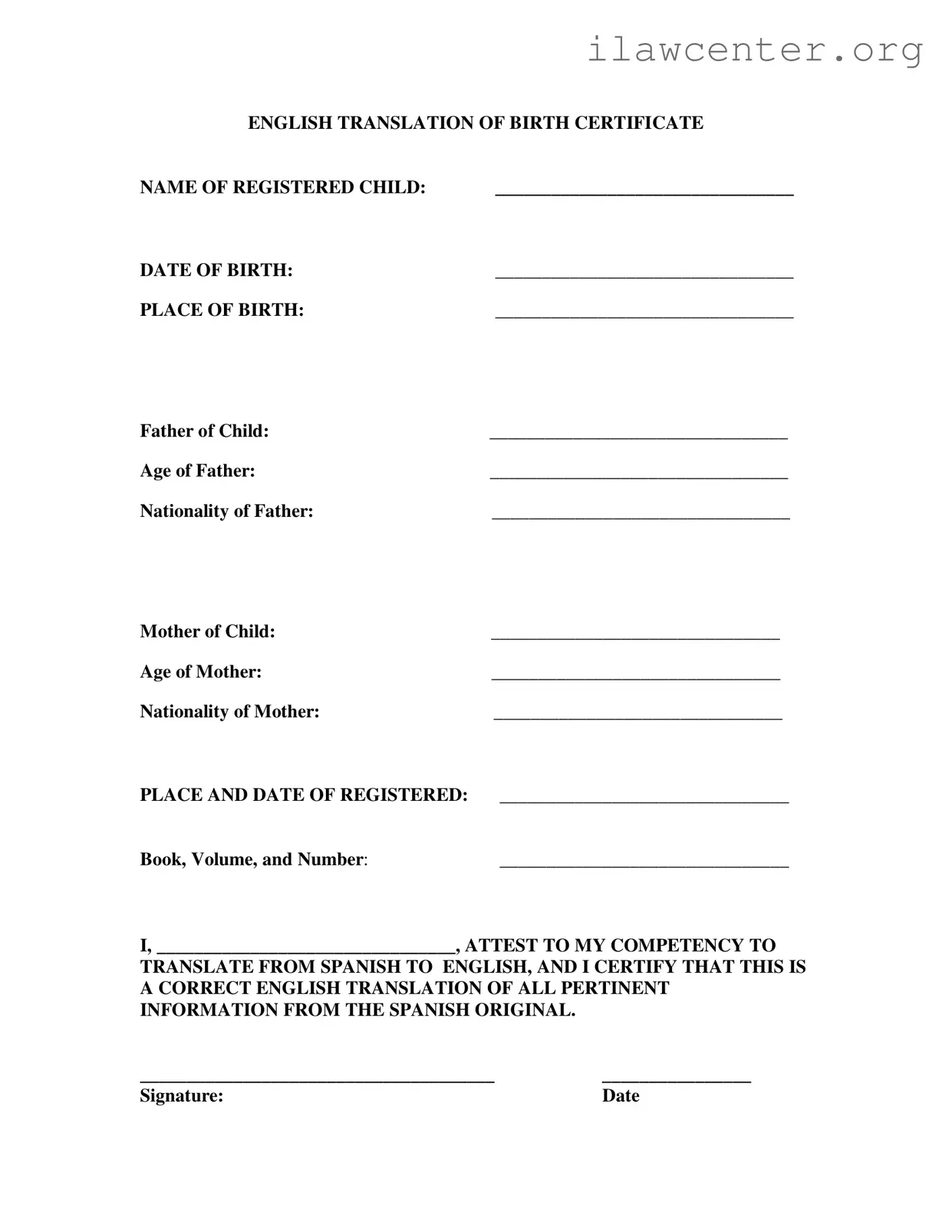 Birth Certificate Translation To English PDF Template