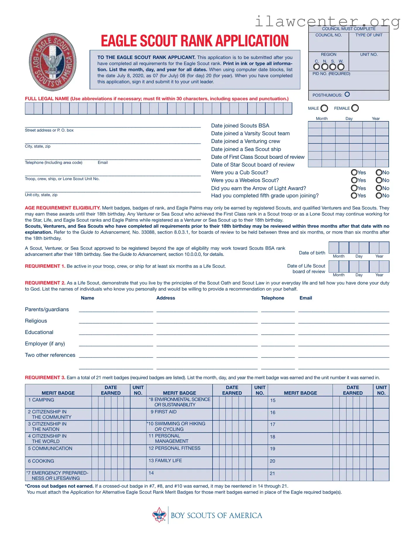 Eagle scout rank application PDF Template