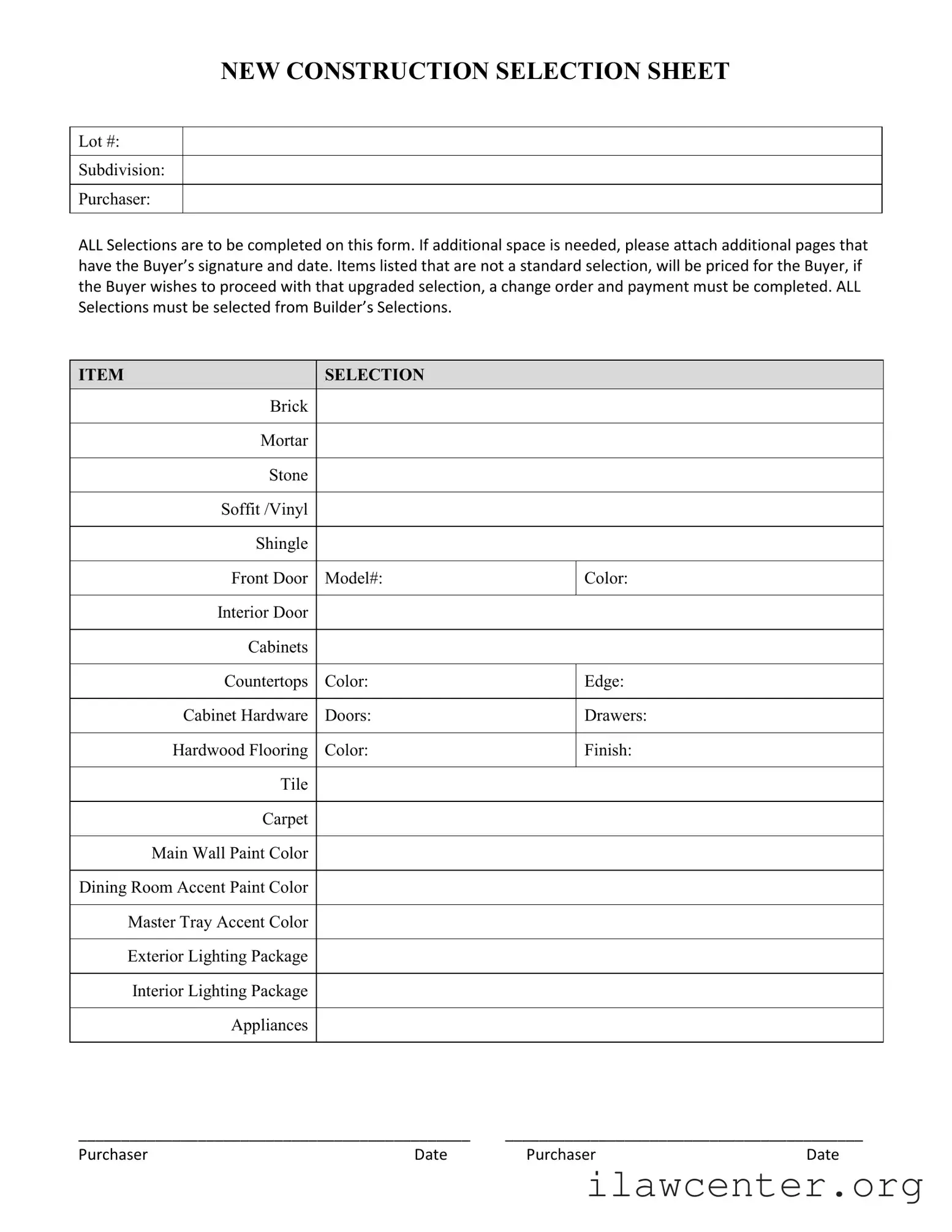 New Construction Selection Sheet PDF Template