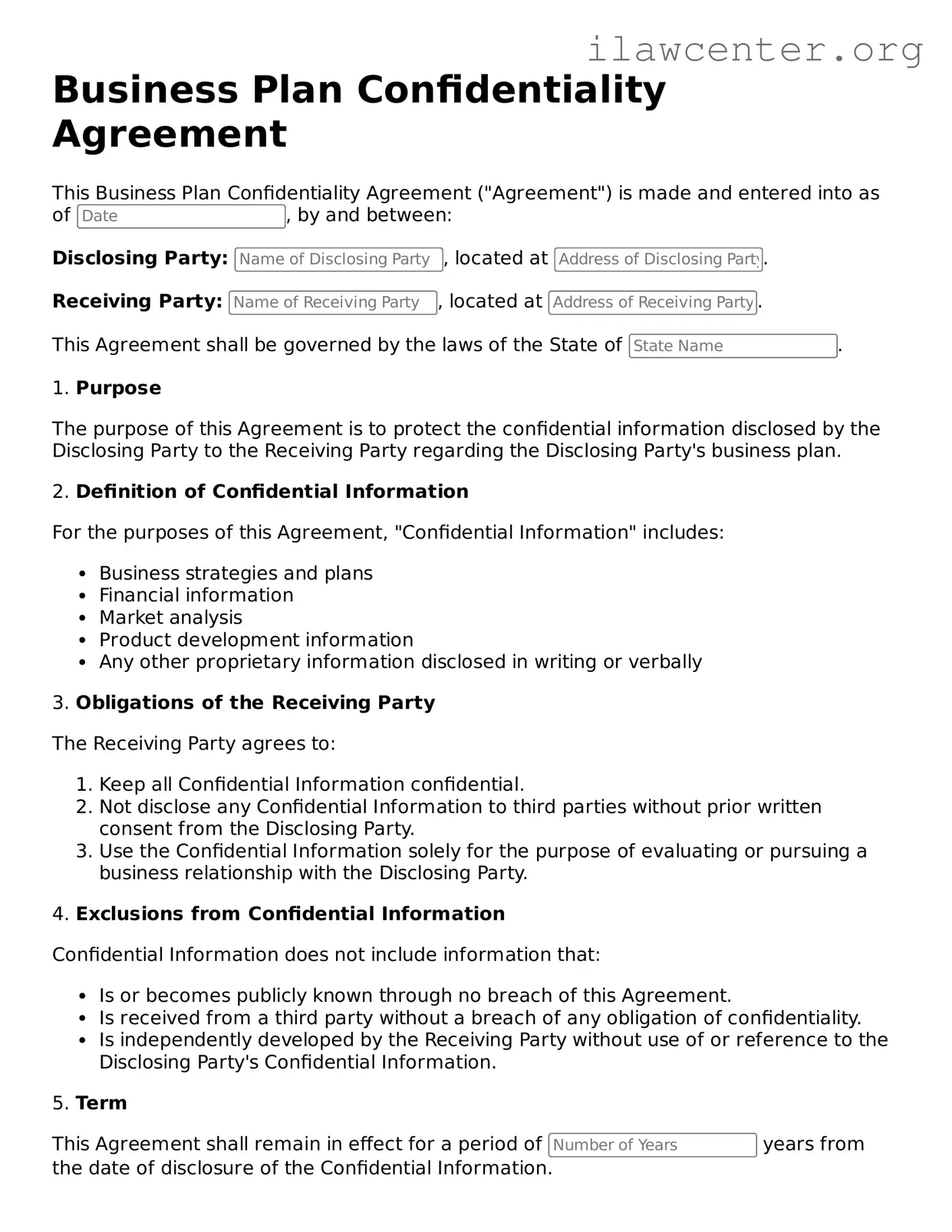 Fillable Business Plan Confidentiality Agreement Document