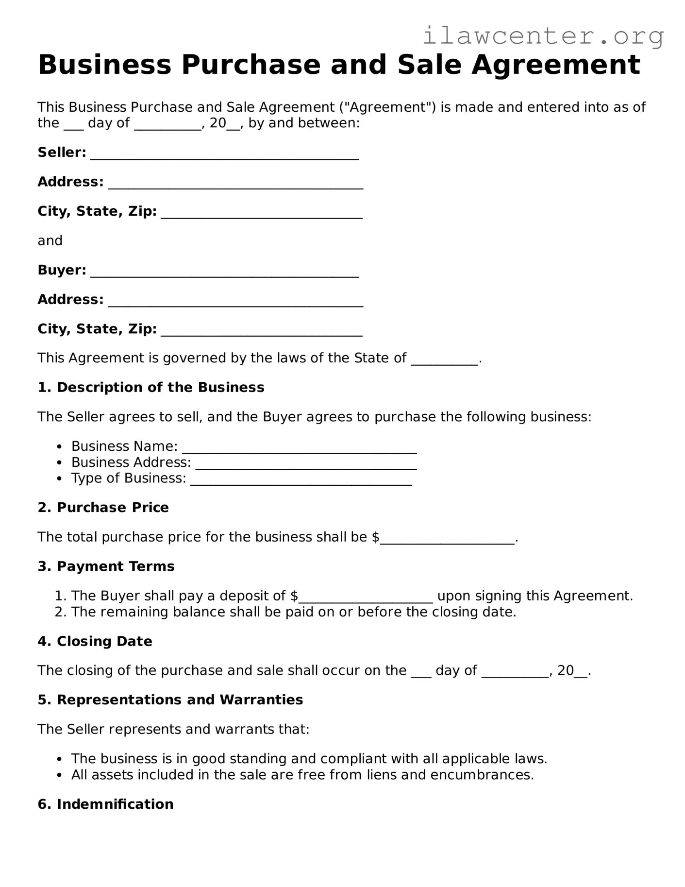 Fillable Business Purchase and Sale Agreement Document