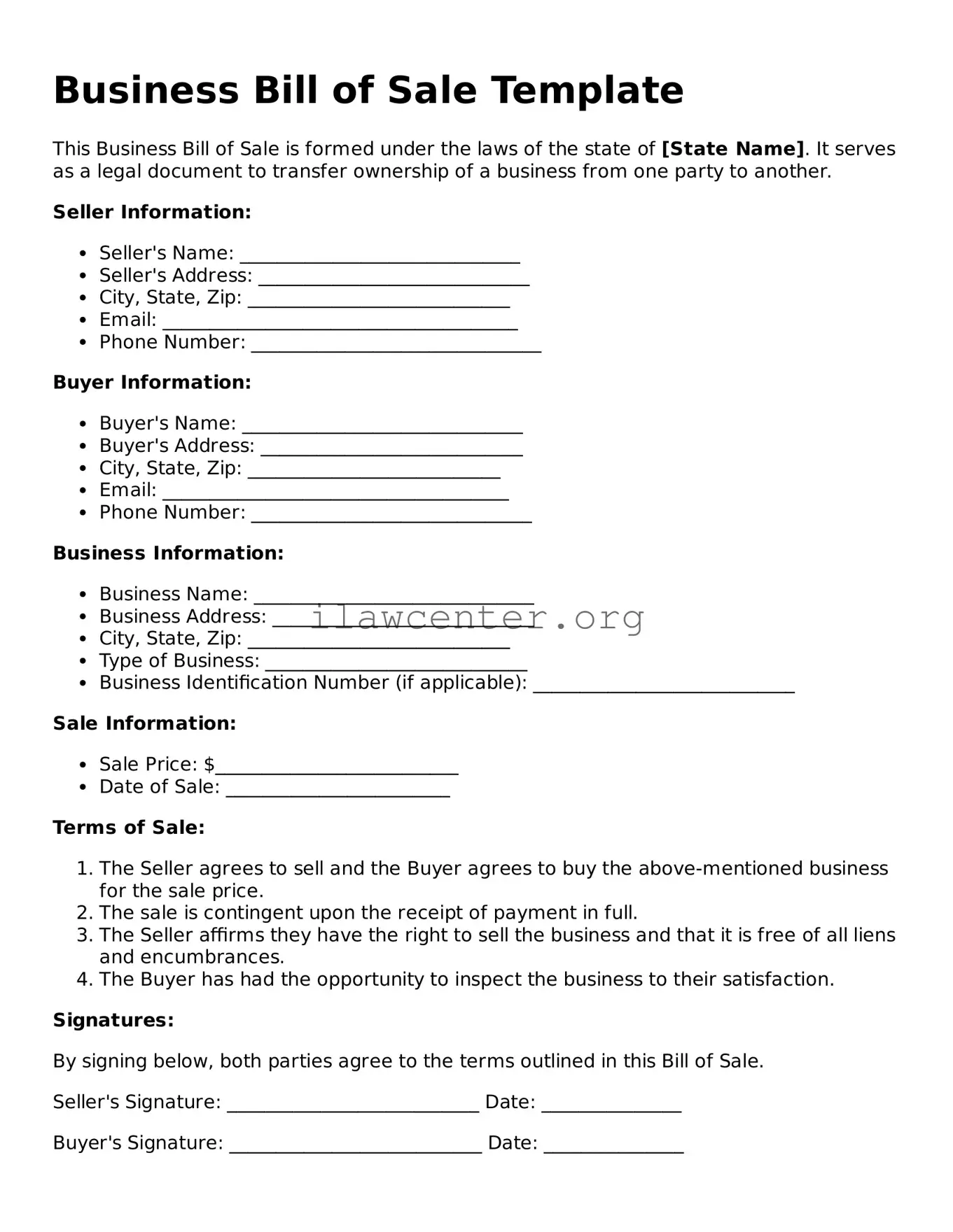 Fillable Business Bill of Sale Document