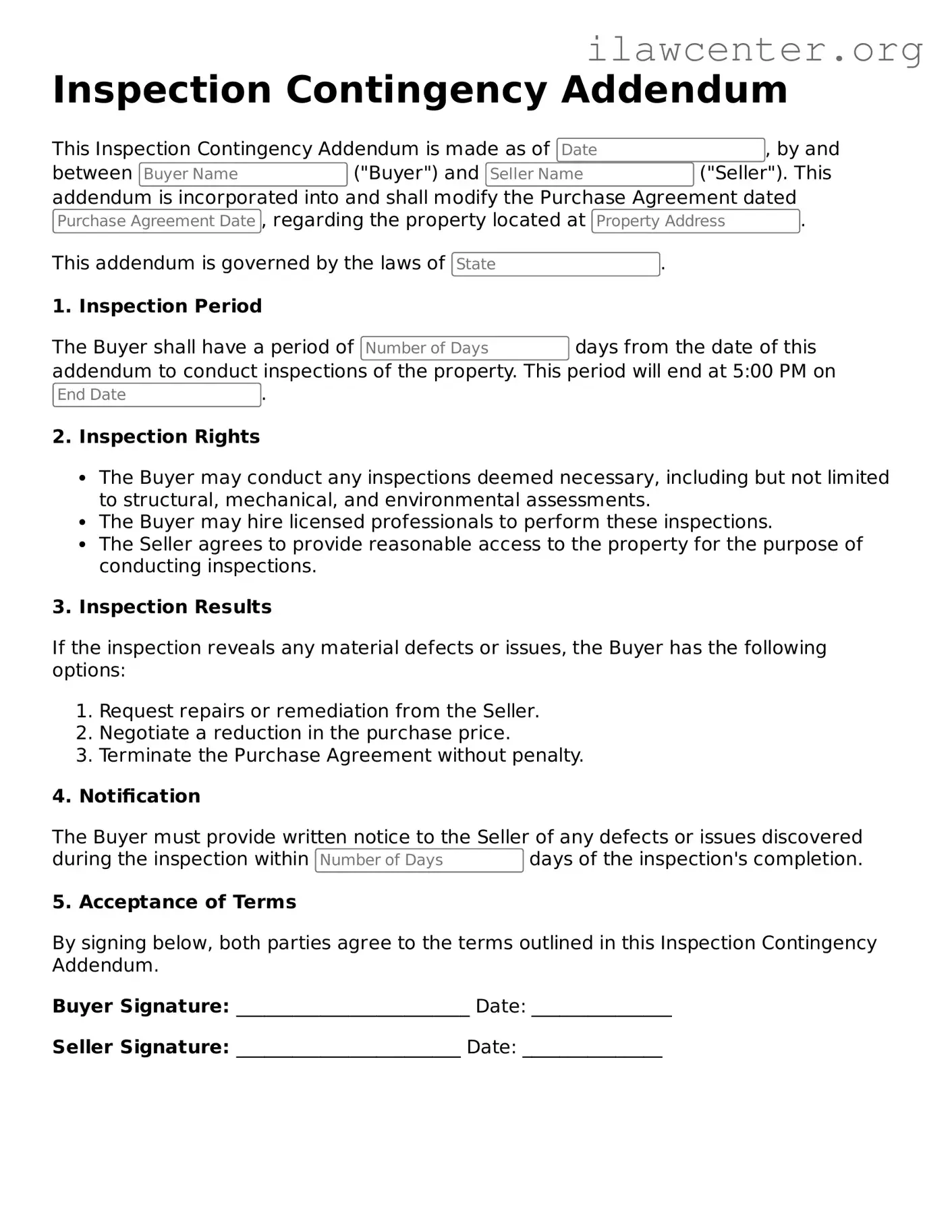 Fillable Inspection Contingency Addendum Document