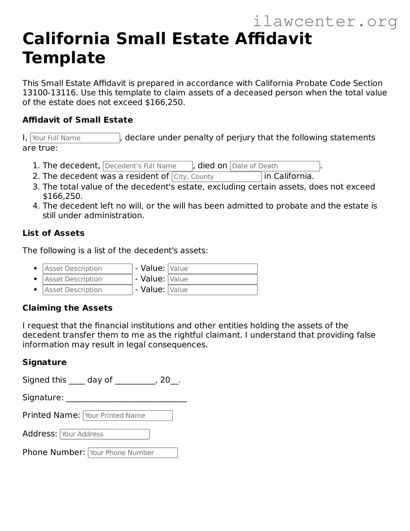 Attorney-Verified  Small Estate Affidavit Document for California