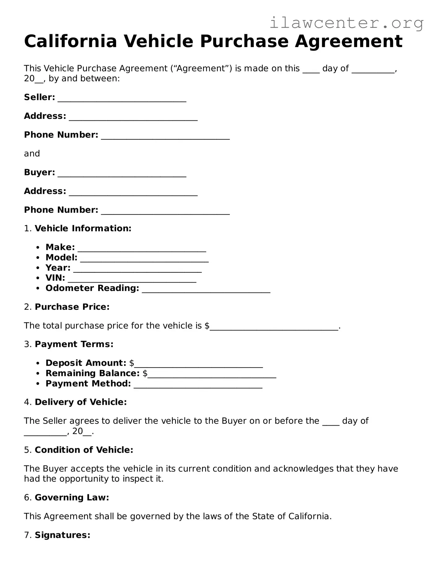 Attorney-Verified  Vehicle Purchase Agreement Document for California