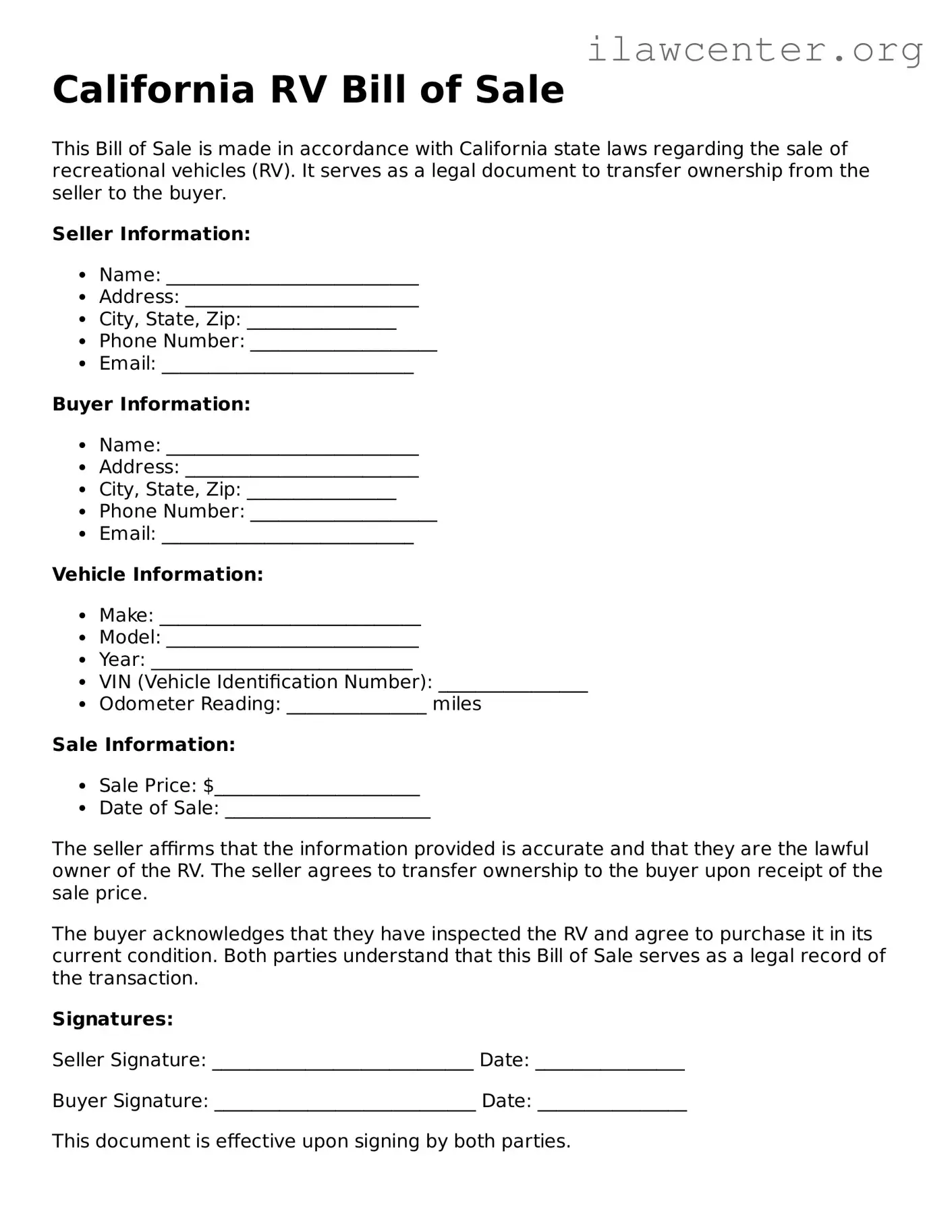 Attorney-Verified  RV Bill of Sale Document for California