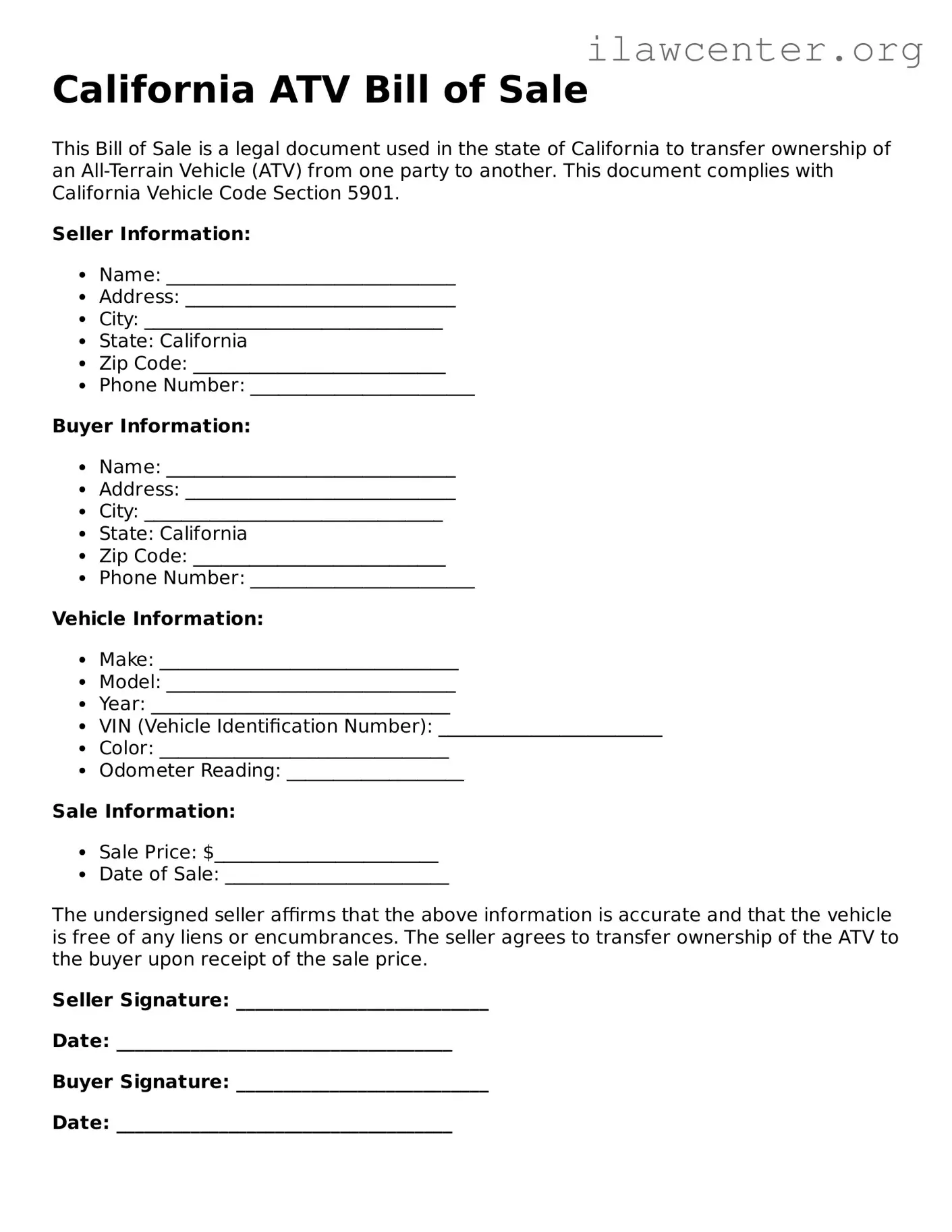 Attorney-Verified  ATV Bill of Sale Document for California
