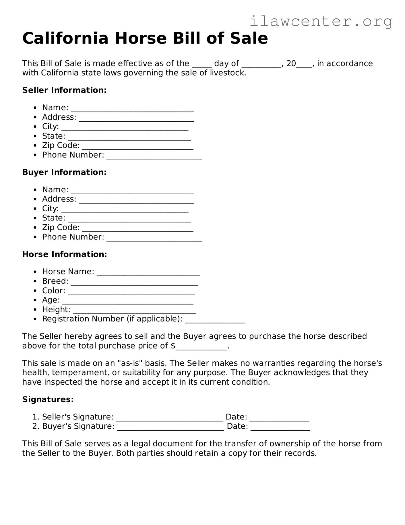 Attorney-Verified  Horse Bill of Sale Document for California