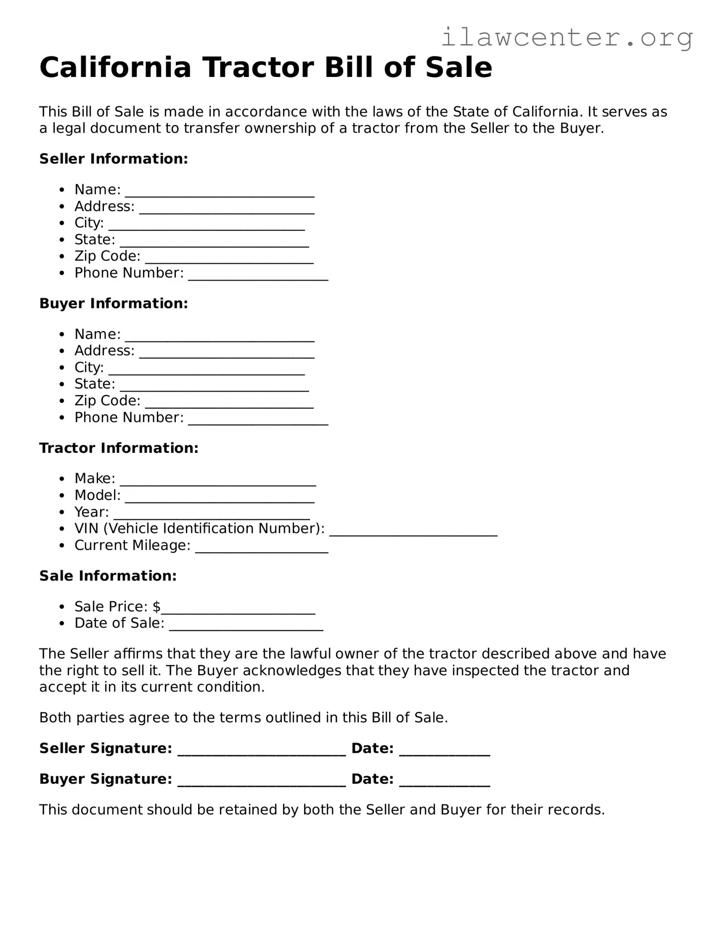 Attorney-Verified  Tractor Bill of Sale Document for California