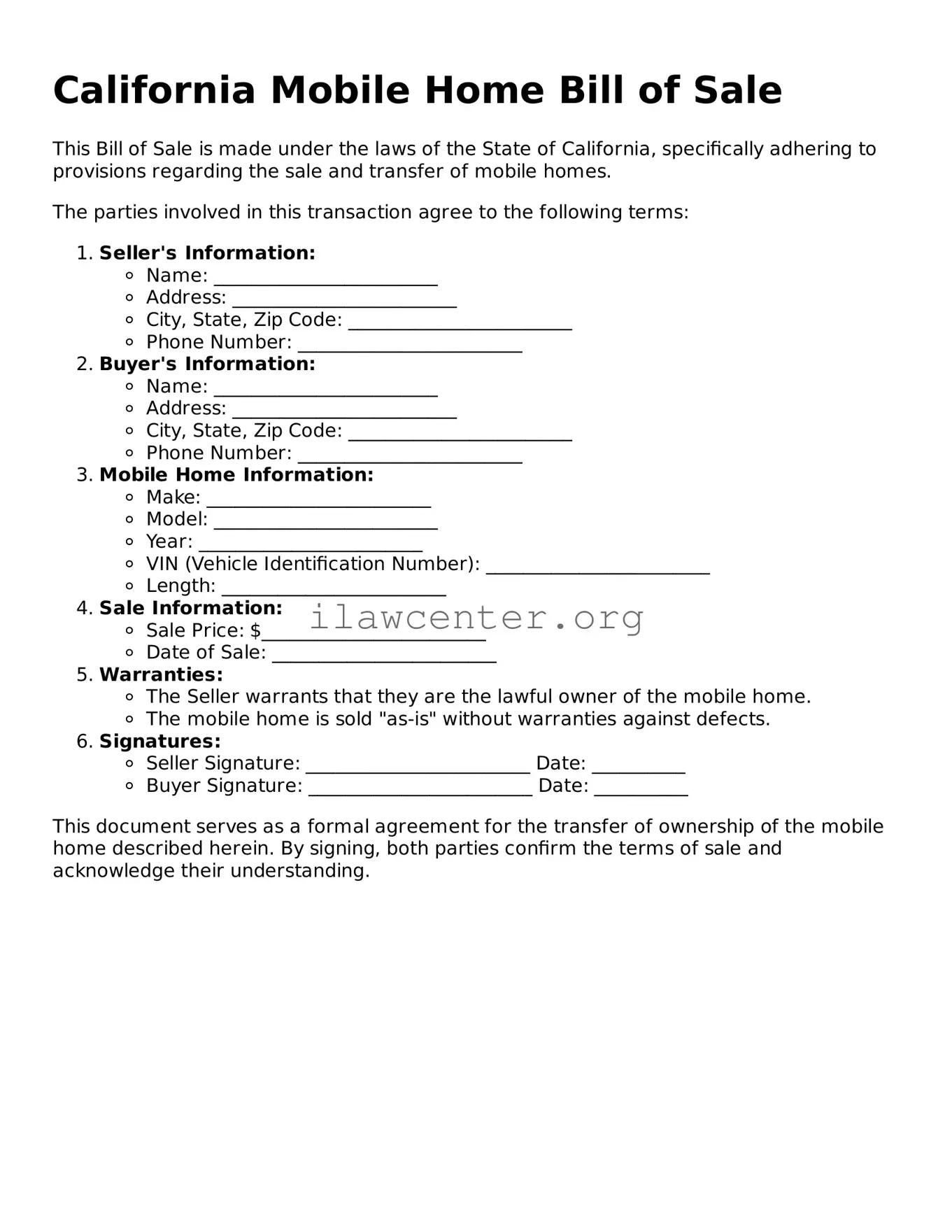 Attorney-Verified  Mobile Home Bill of Sale Document for California