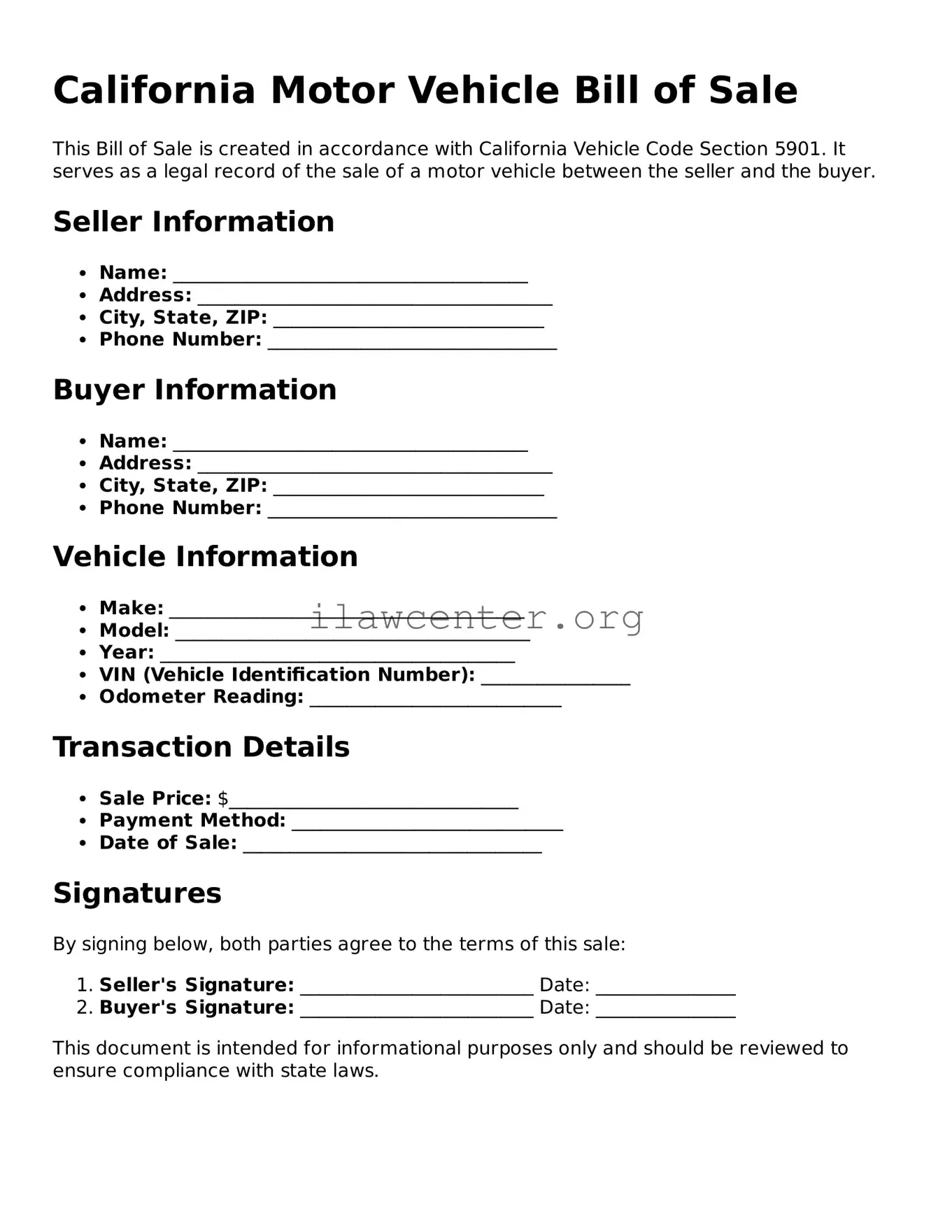 Attorney-Verified  Motor Vehicle Bill of Sale Document for California