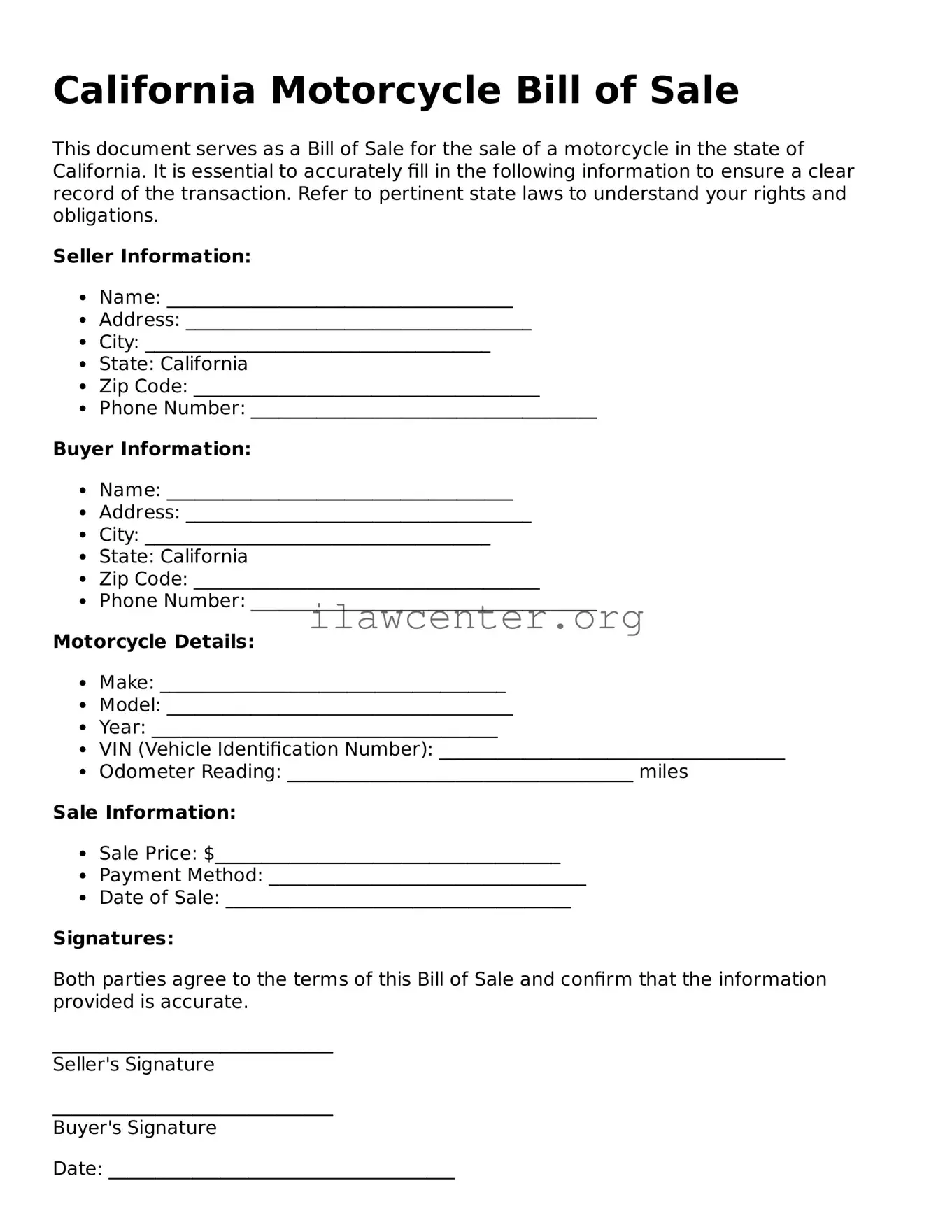 Attorney-Verified  Motorcycle Bill of Sale Document for California