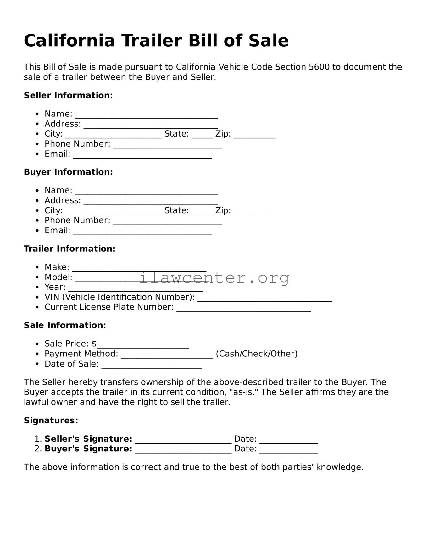 Attorney-Verified  Trailer Bill of Sale Document for California