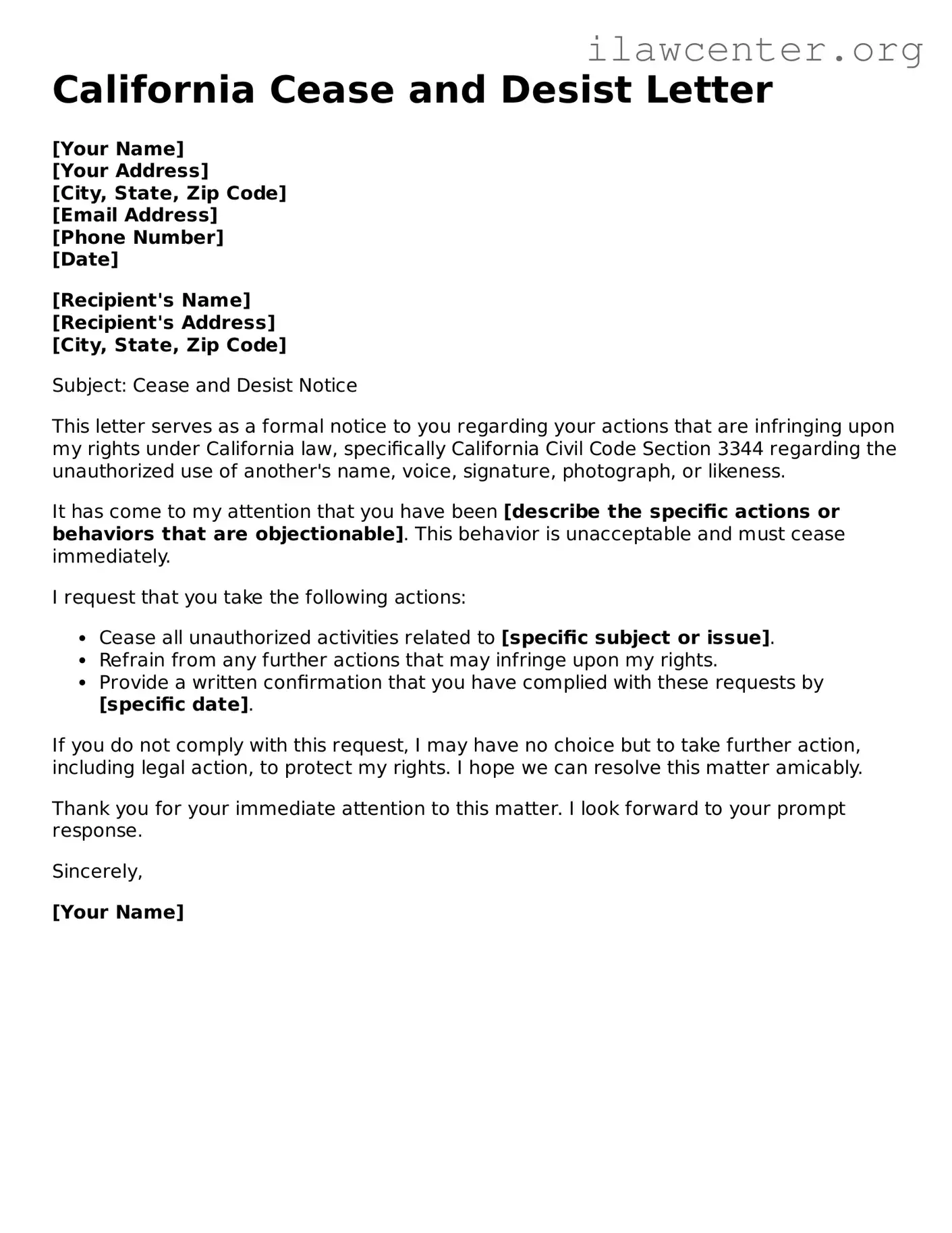 Attorney-Verified  Cease and Desist Letter Document for California